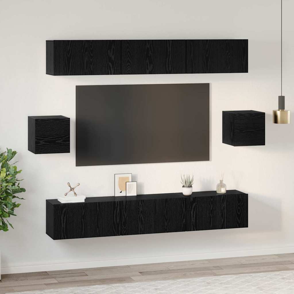 Tv-meubelset Wandgemonteerd 8 pcs Zwart Eiken Bewerkt hout is nu te koop bij PeponiXL, paradijselijk wonen!