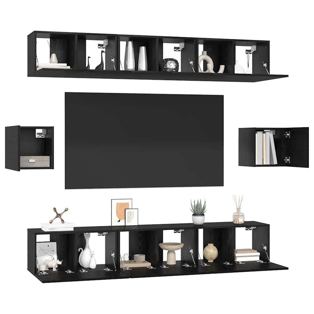 Tv-meubelset Wandgemonteerd 8 pcs Zwart Eiken Bewerkt hout is nu te koop bij PeponiXL, paradijselijk wonen!