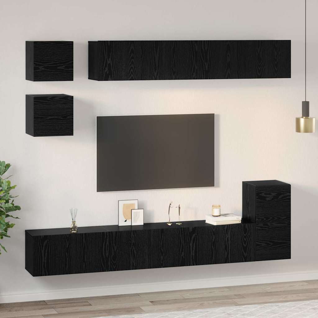 Tv-meubelset Wandgemonteerd 8 pcs Zwart Eiken Bewerkt hout is nu te koop bij PeponiXL, paradijselijk wonen!