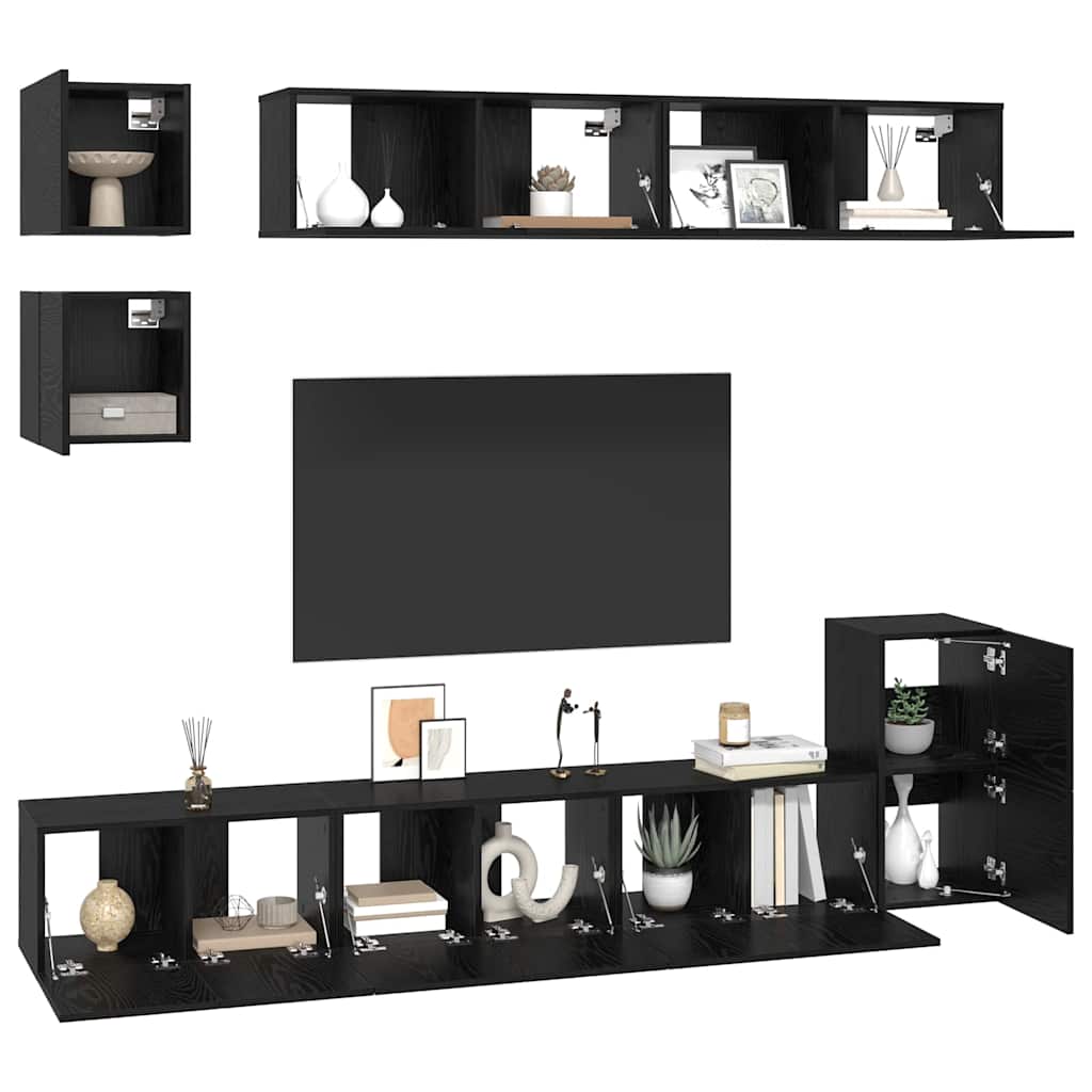 Tv-meubelset Wandgemonteerd 8 pcs Zwart Eiken Bewerkt hout is nu te koop bij PeponiXL, paradijselijk wonen!