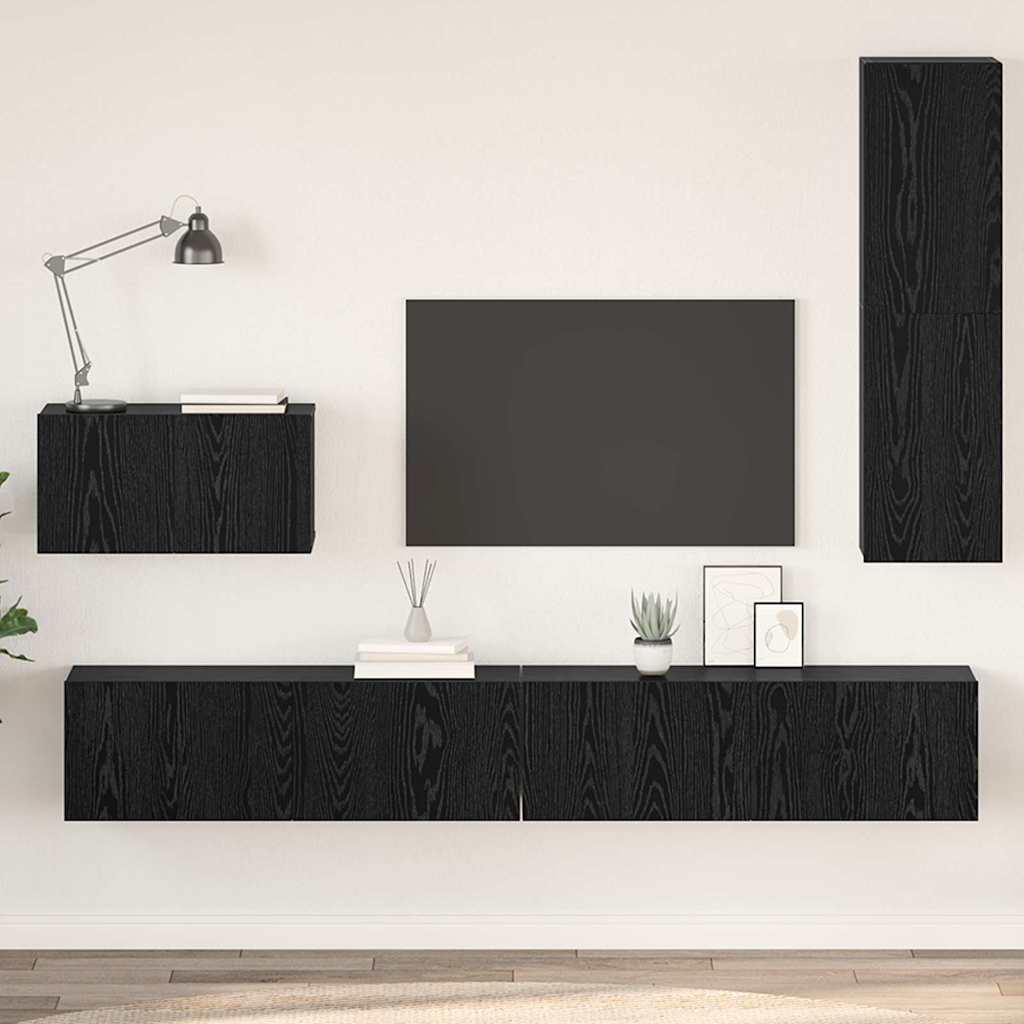 Wand TV Kast Wandgemonteerd 4 pcs Zwart Eiken Bewerkt hout is nu te koop bij PeponiXL, paradijselijk wonen!
