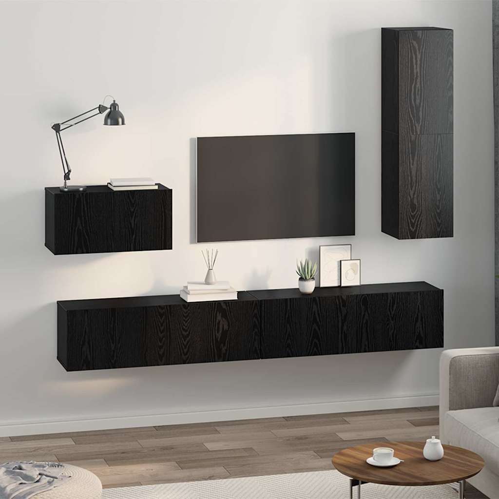 Wand TV Kast Wandgemonteerd 4 pcs Zwart Eiken Bewerkt hout is nu te koop bij PeponiXL, paradijselijk wonen!