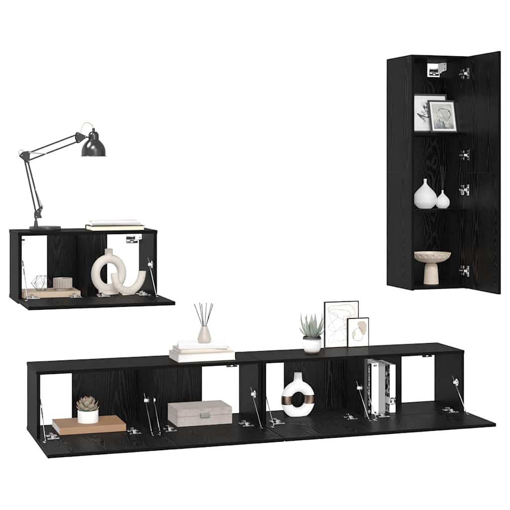 Wand TV Kast Wandgemonteerd 4 pcs Zwart Eiken Bewerkt hout is nu te koop bij PeponiXL, paradijselijk wonen!