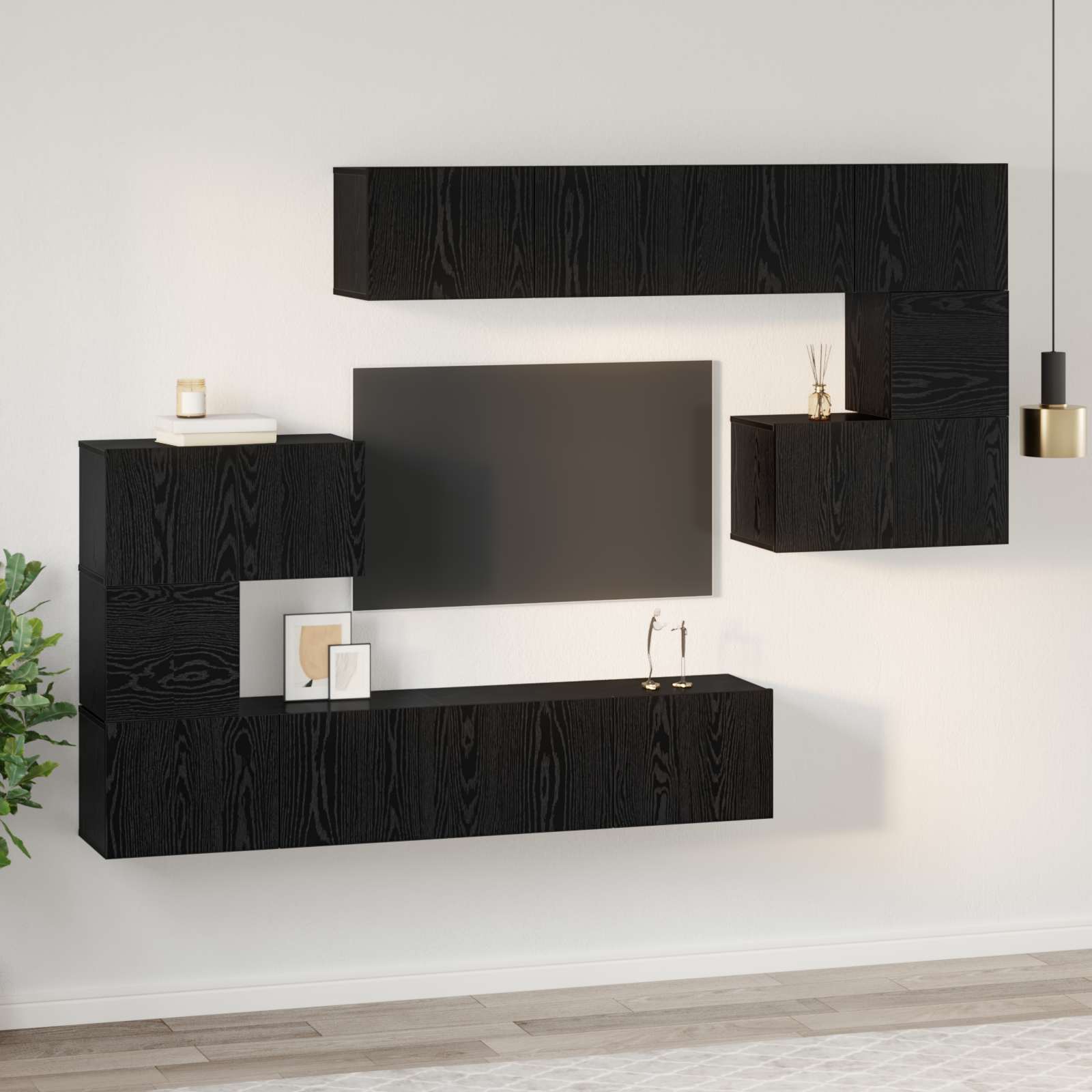 Tv-meubelset Wandgemonteerd 8 pcs Zwart Eiken Bewerkt hout is nu te koop bij PeponiXL, paradijselijk wonen!