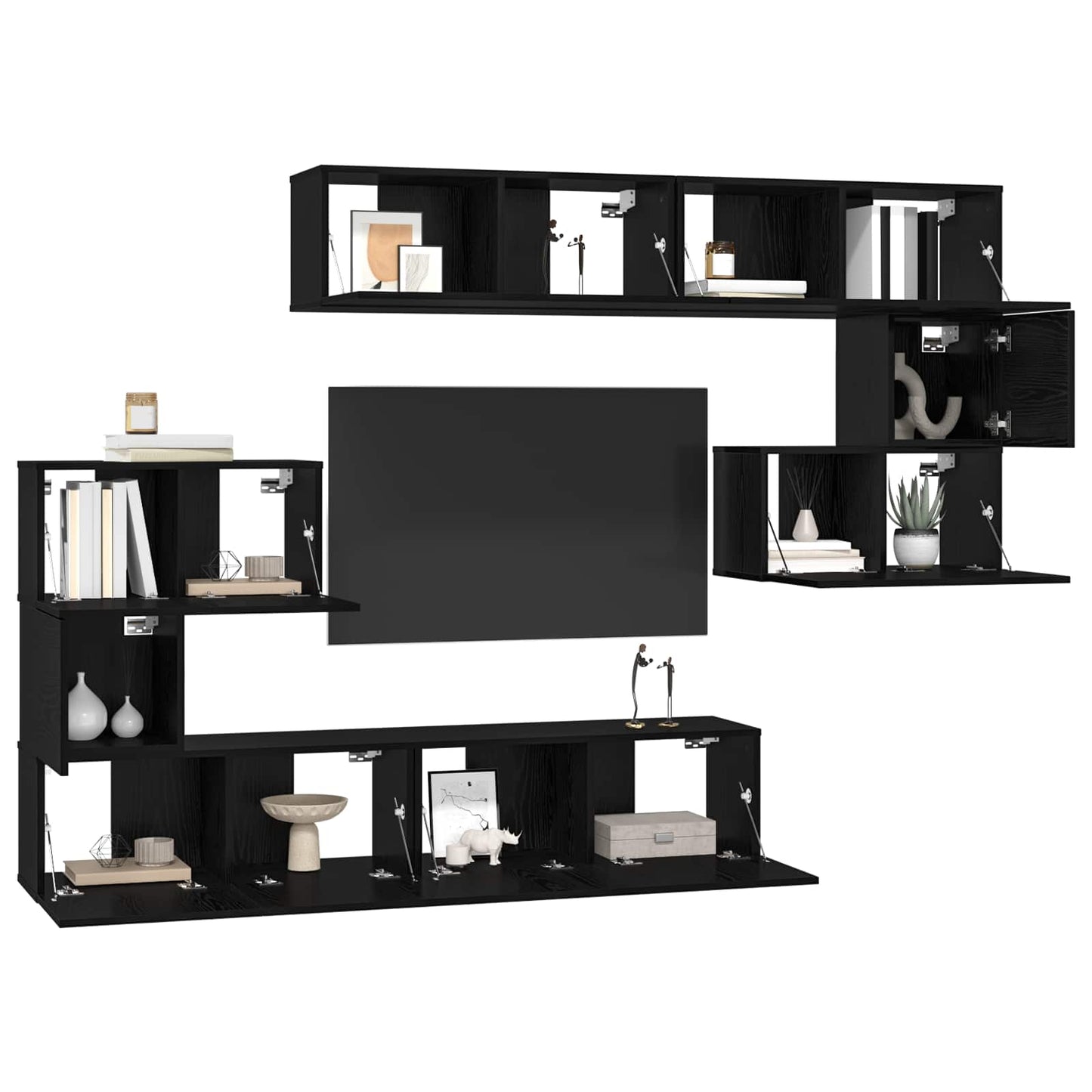 Tv-meubelset Wandgemonteerd 8 pcs Zwart Eiken Bewerkt hout is nu te koop bij PeponiXL, paradijselijk wonen!