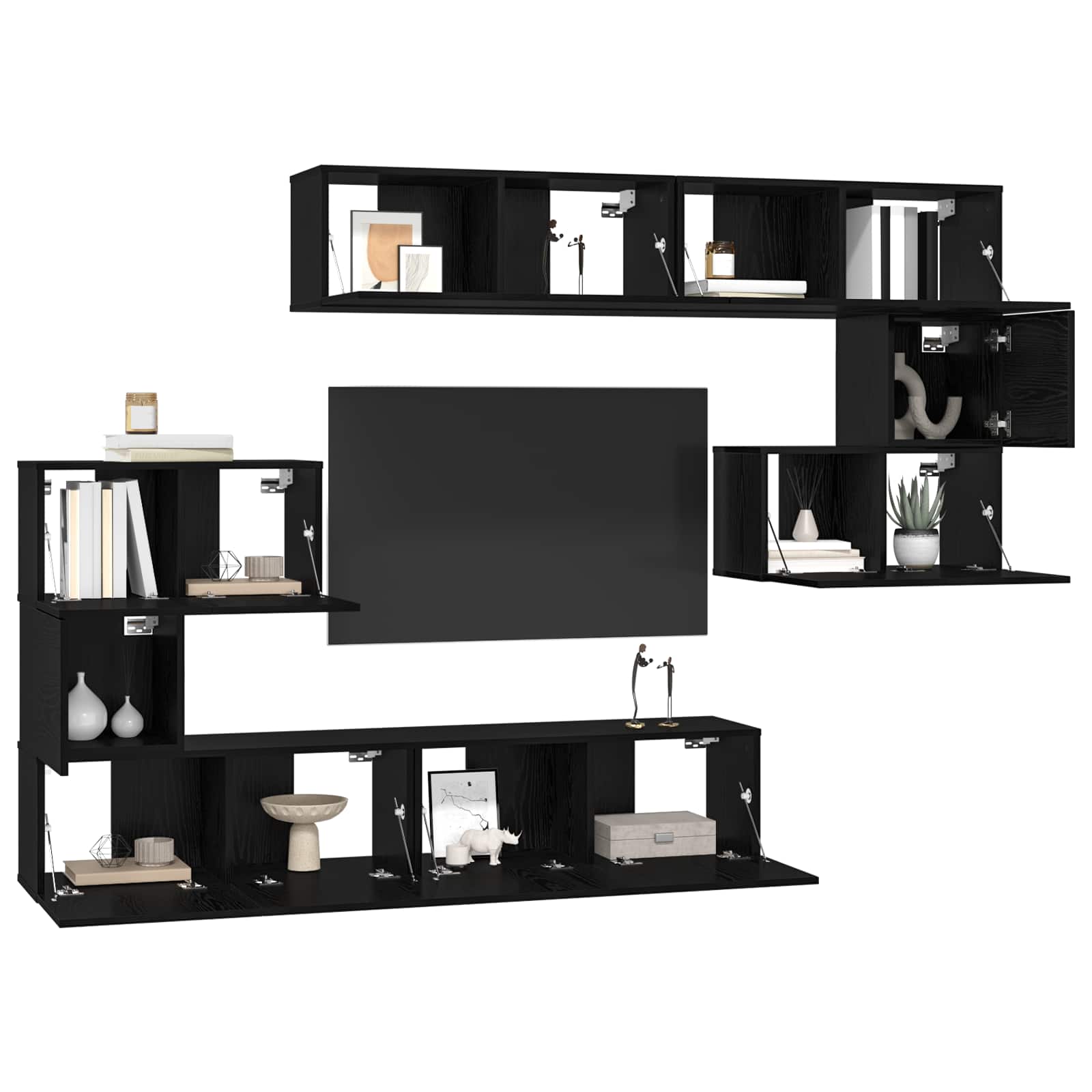 Tv-meubelset Wandgemonteerd 8 pcs Zwart Eiken Bewerkt hout is nu te koop bij PeponiXL, paradijselijk wonen!