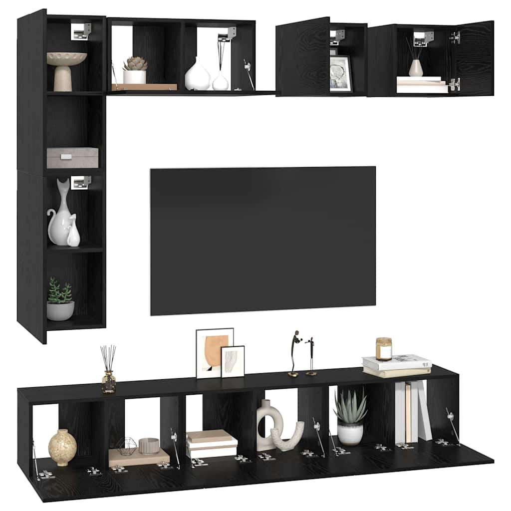 Tv-meubelset Wandgemonteerd 8 pcs Zwart Eiken Bewerkt hout is nu te koop bij PeponiXL, paradijselijk wonen!
