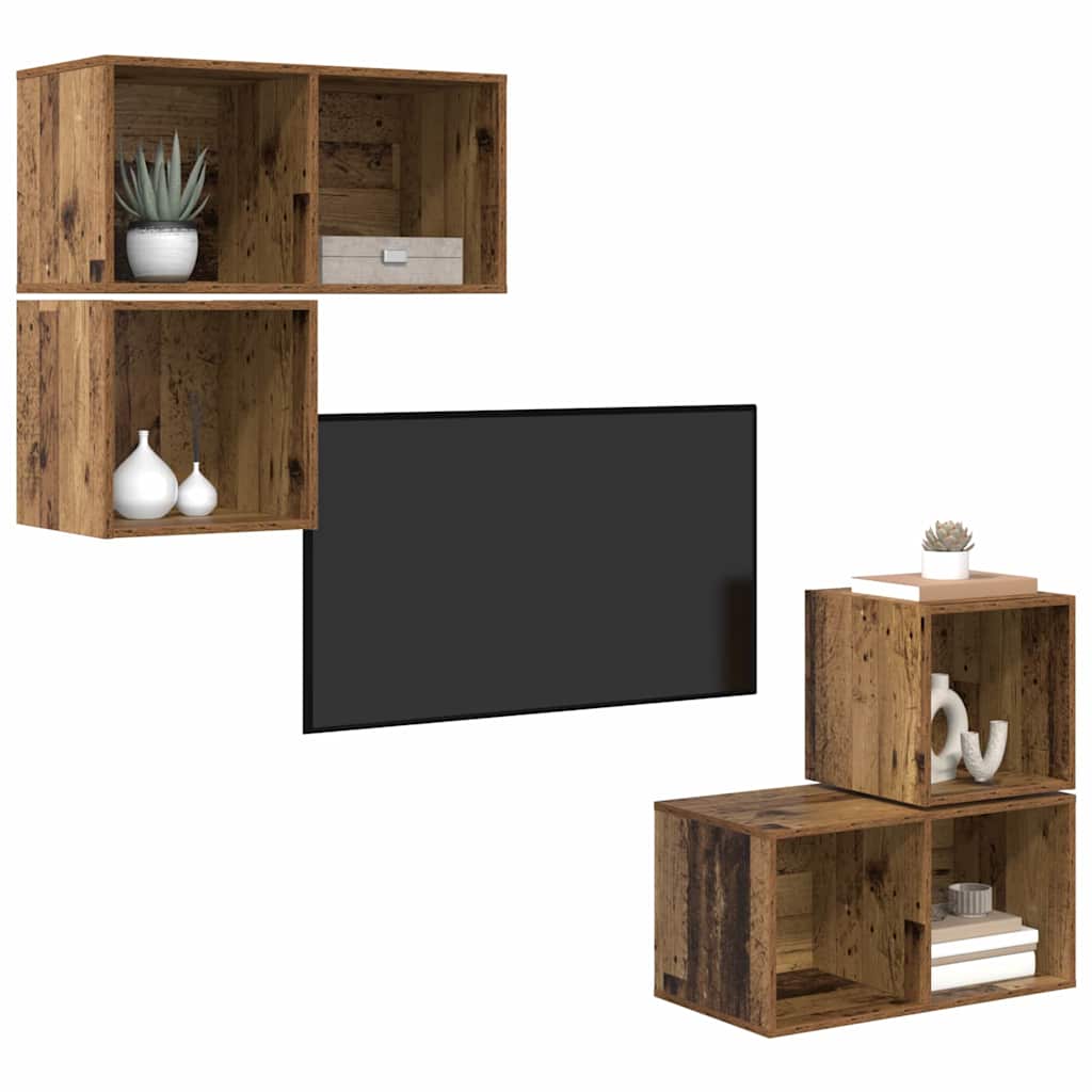 Tv-meubelset Wandgemonteerd 4 pcs Oud Hout Bewerkt hout is nu te koop bij PeponiXL, paradijselijk wonen!