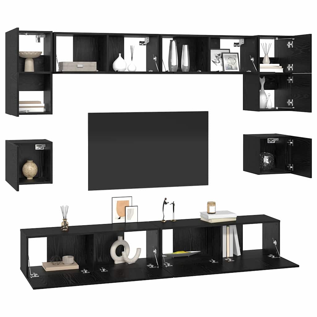 Tv-meubelset Wandgemonteerd 8 pcs Zwart Eiken Bewerkt hout is nu te koop bij PeponiXL, paradijselijk wonen!