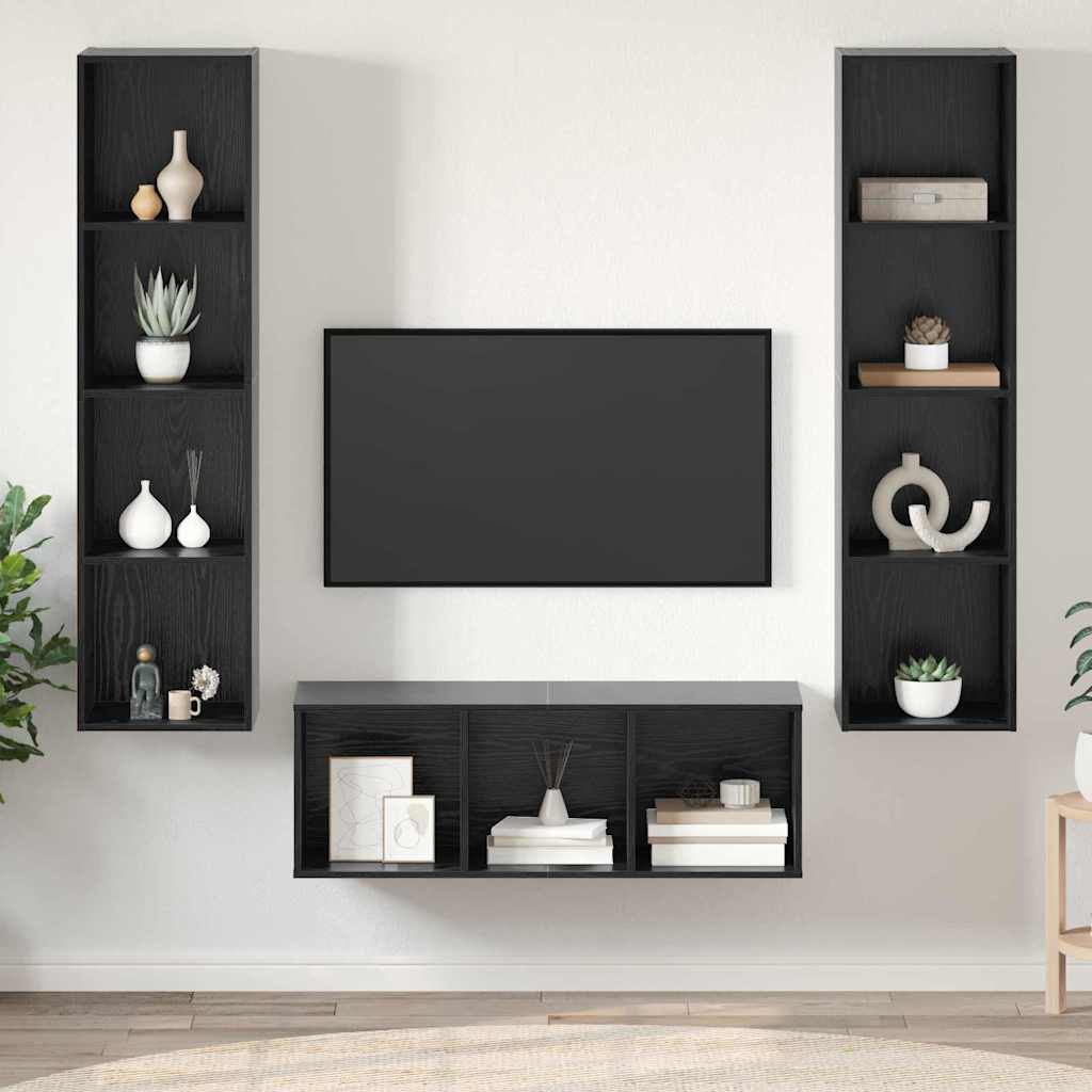 Tv-meubelset Wandgemonteerd 3 pcs Zwart Eiken Bewerkt hout is nu te koop bij PeponiXL, paradijselijk wonen!