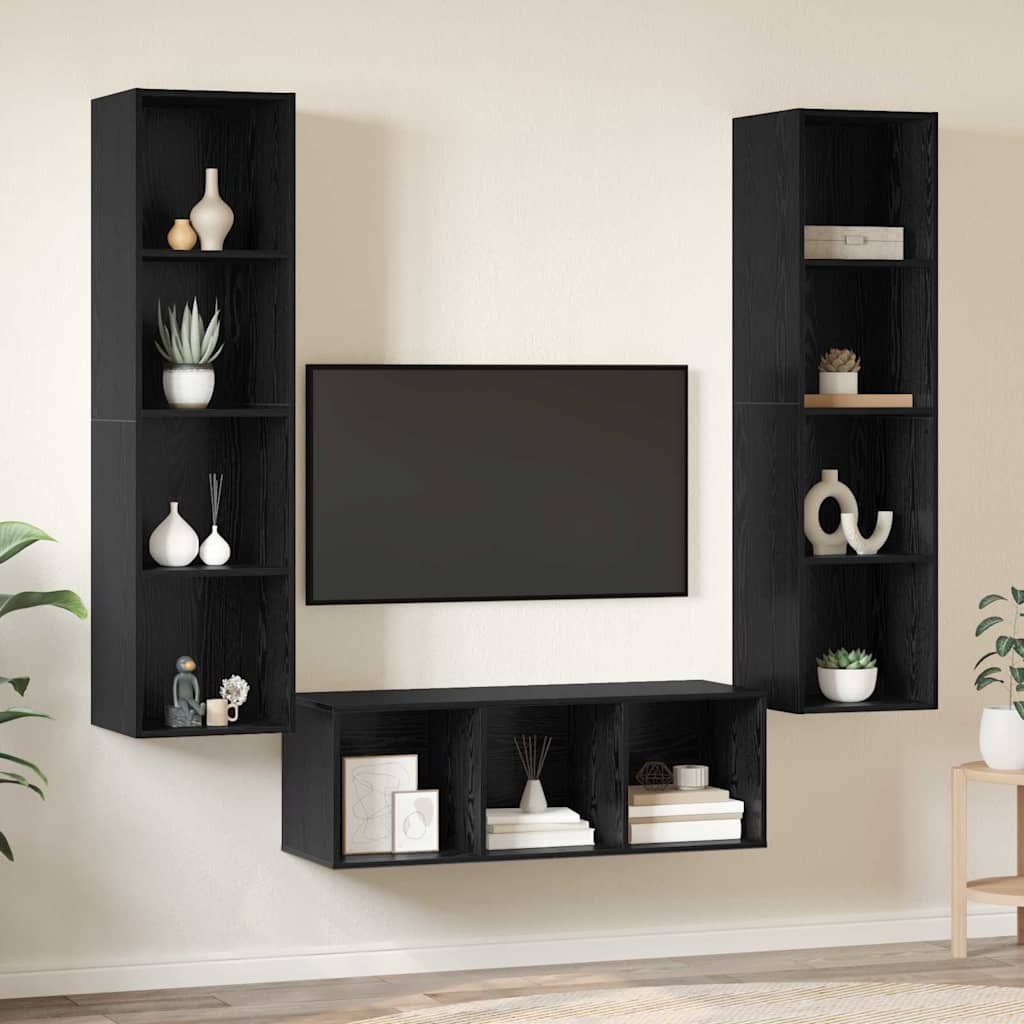 Tv-meubelset Wandgemonteerd 3 pcs Zwart Eiken Bewerkt hout is nu te koop bij PeponiXL, paradijselijk wonen!