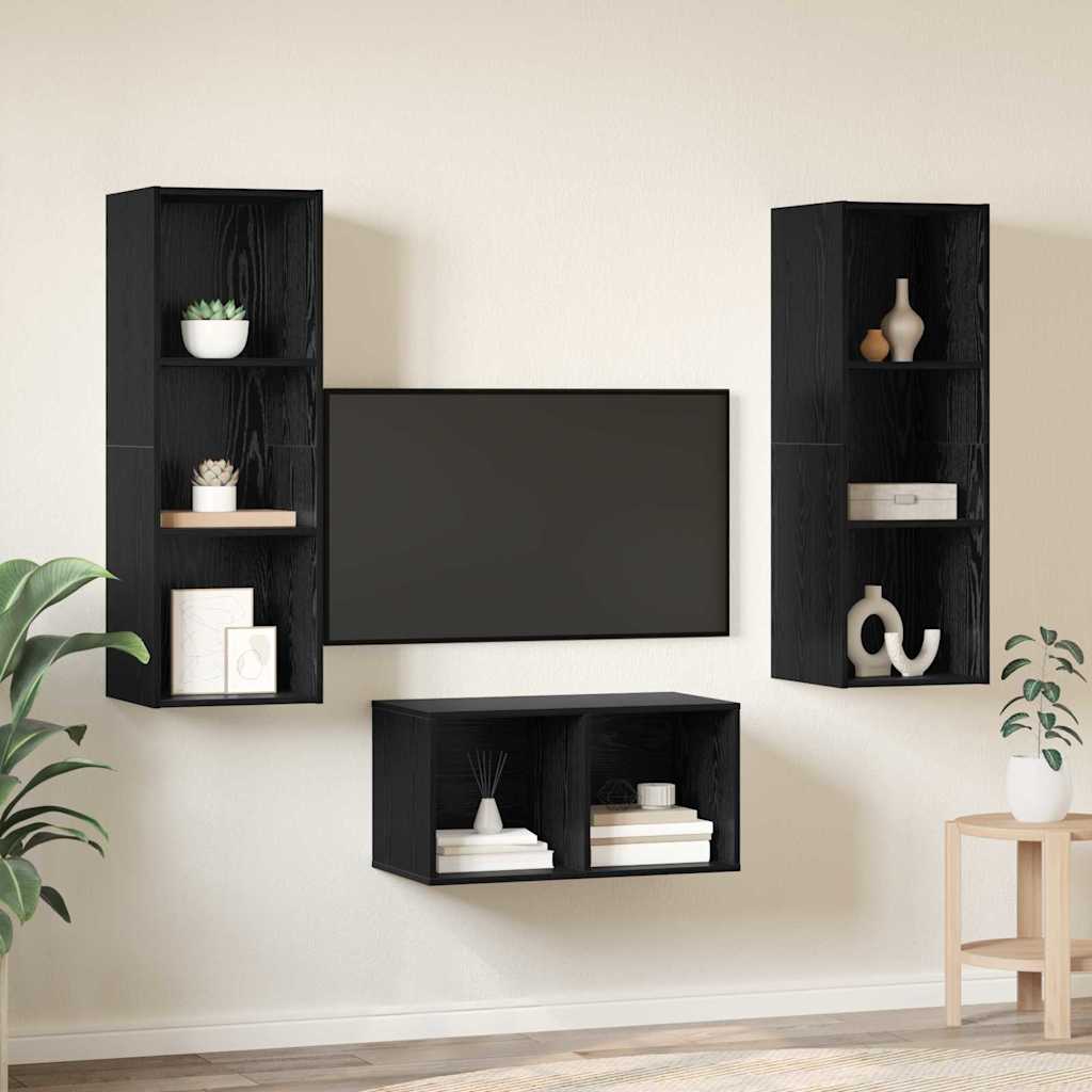 Tv-meubelset Zwart Eiken 37 x 37 x 107 cm Bewerkt hout is nu te koop bij PeponiXL, paradijselijk wonen!