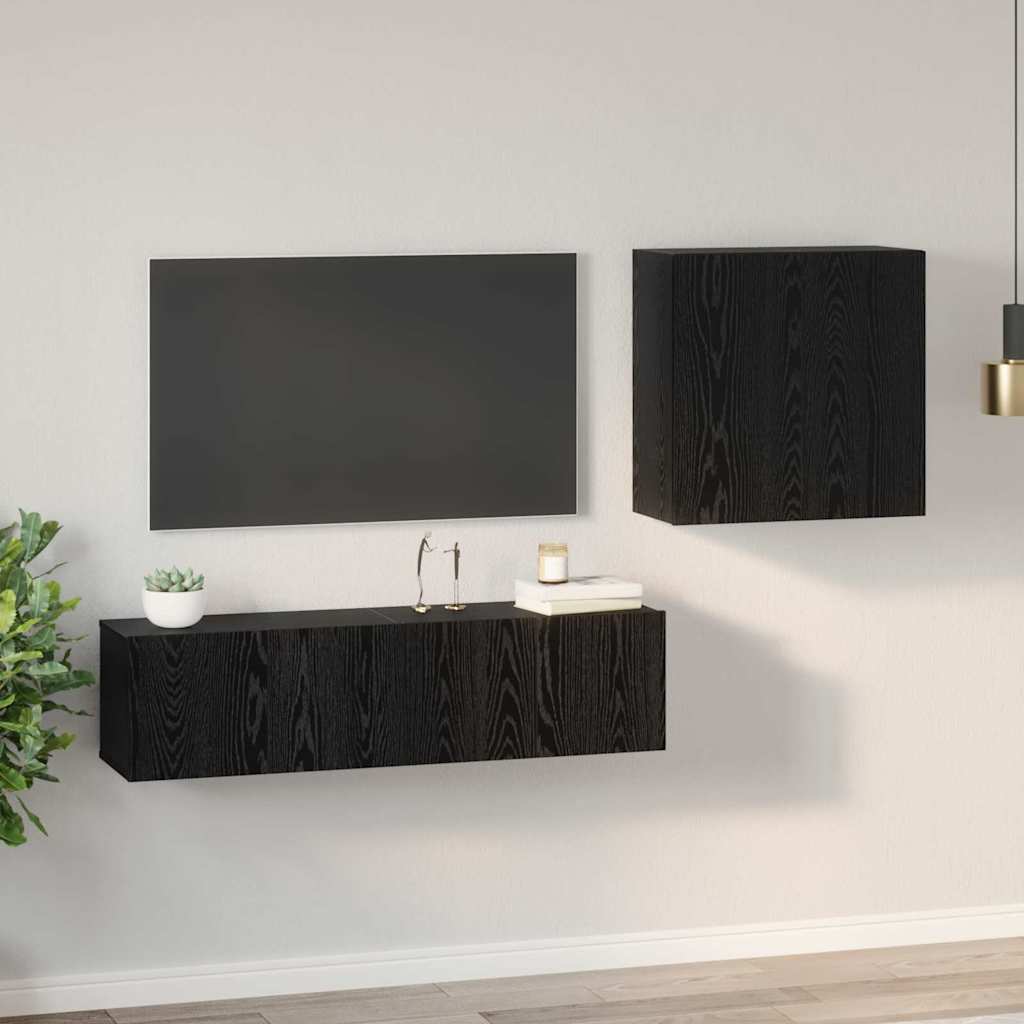 Tv-meubelset Wandgemonteerd Zwart Eiken Bewerkt hout is nu te koop bij PeponiXL, paradijselijk wonen!