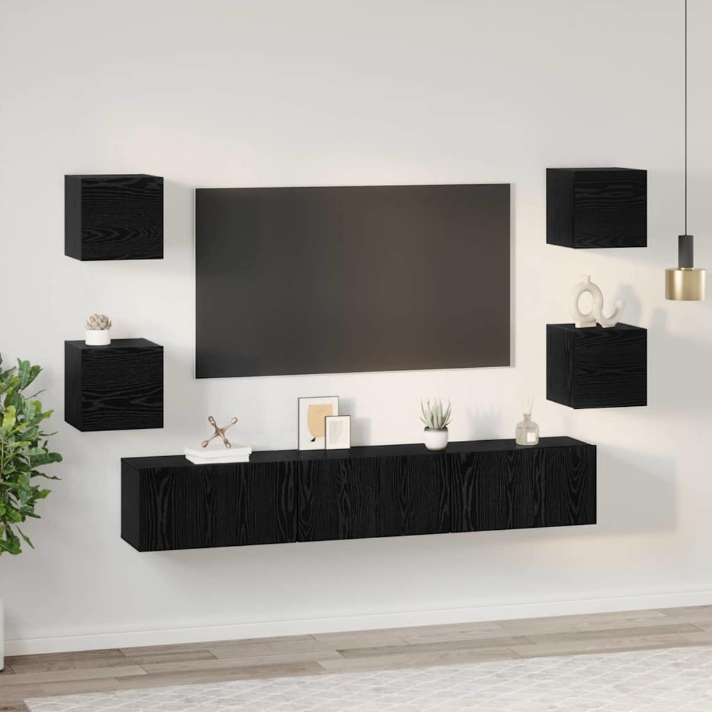 Tv-meubelset Wandgemonteerd 7 pcs Zwart Eiken Bewerkt hout is nu te koop bij PeponiXL, paradijselijk wonen!