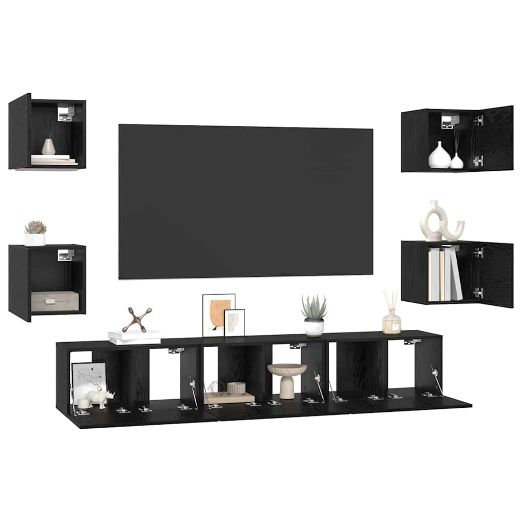 Tv-meubelset Wandgemonteerd 7 pcs Zwart Eiken Bewerkt hout is nu te koop bij PeponiXL, paradijselijk wonen!