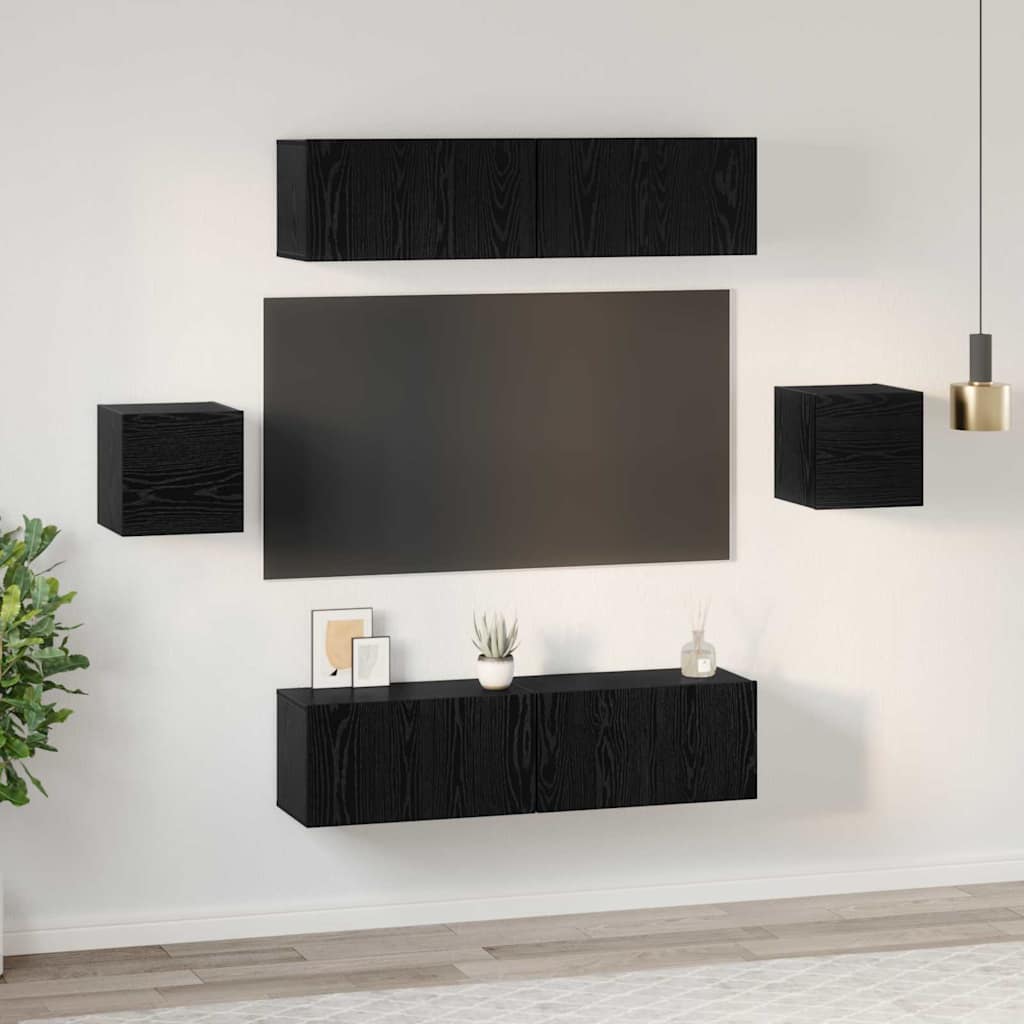 Tv-meubelset Wandgemonteerd 6 pcs Zwart Eiken Bewerkt hout is nu te koop bij PeponiXL, paradijselijk wonen!