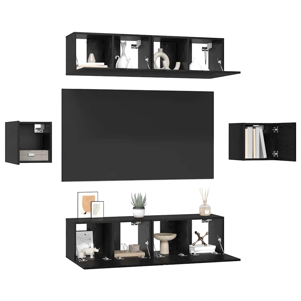 Tv-meubelset Wandgemonteerd 6 pcs Zwart Eiken Bewerkt hout is nu te koop bij PeponiXL, paradijselijk wonen!