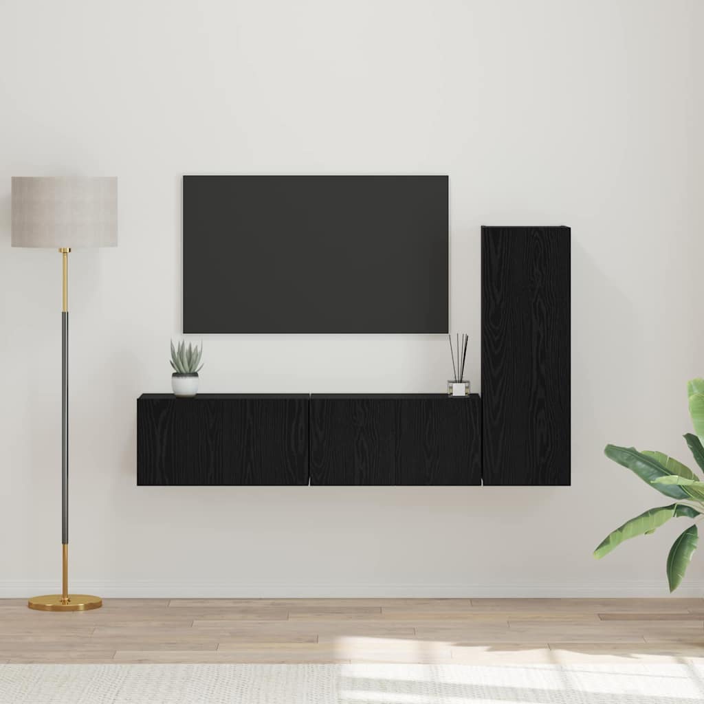 Tv-meubelset Wandgemonteerd 3 pcs Zwart Eiken Bewerkt hout is nu te koop bij PeponiXL, paradijselijk wonen!