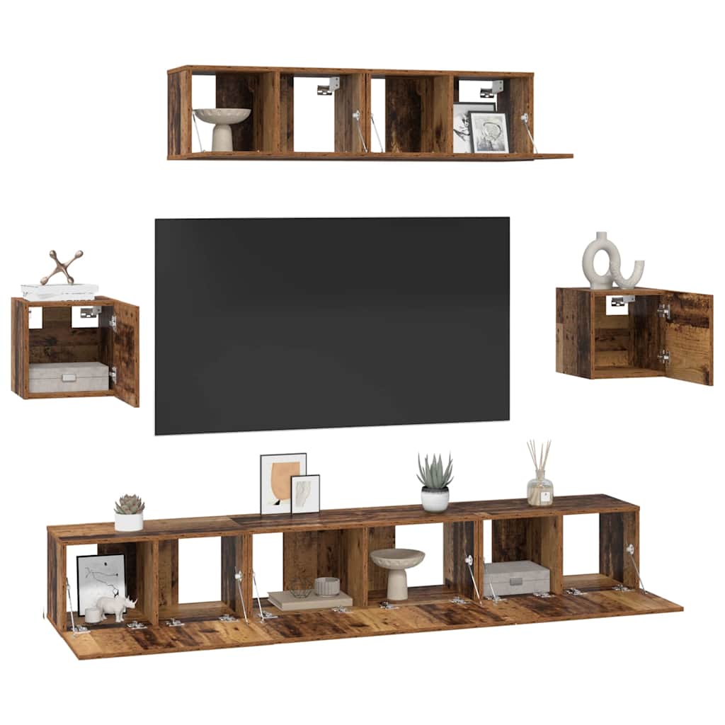Tv-meubelset Wandgemonteerd 7 pcs Oud Hout Bewerkt hout is nu te koop bij PeponiXL, paradijselijk wonen!