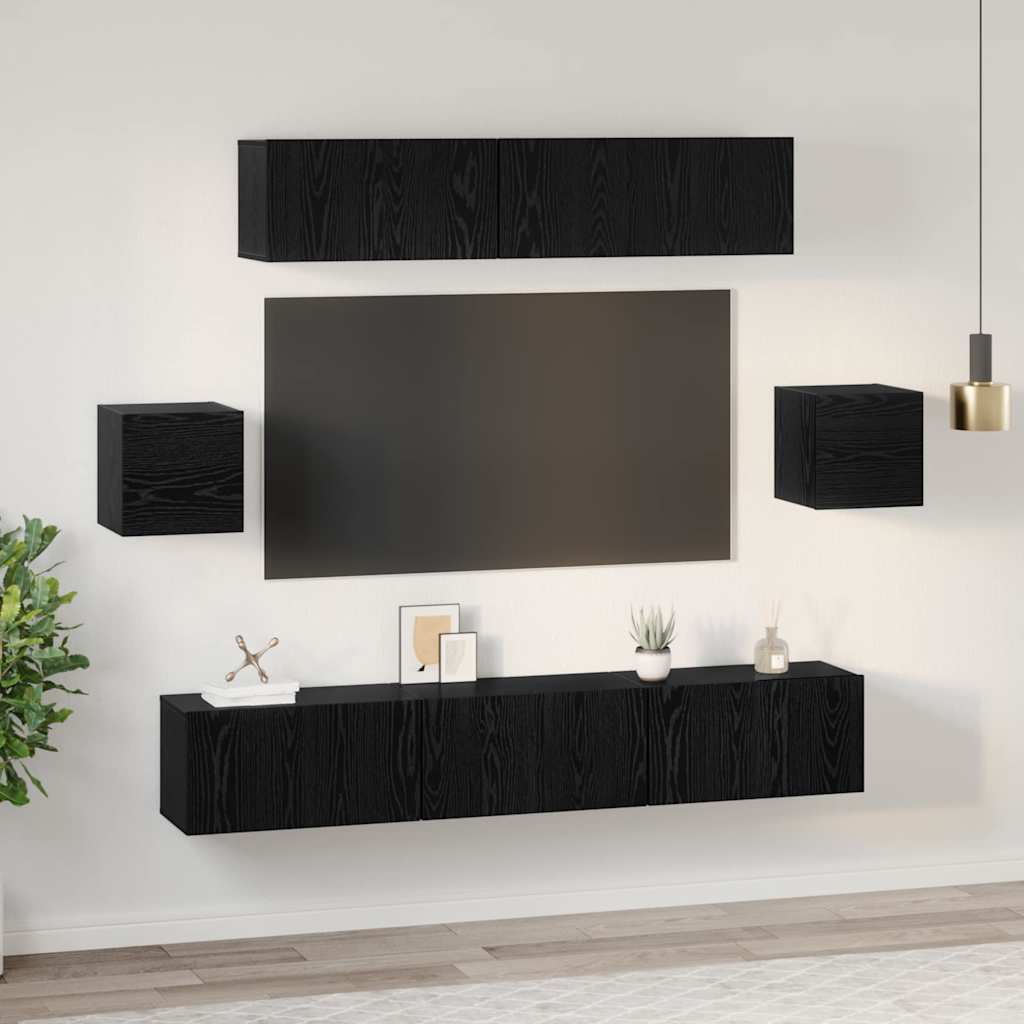 Tv-meubelset Wandgemonteerd 7 pcs Zwart Eiken Bewerkt hout is nu te koop bij PeponiXL, paradijselijk wonen!