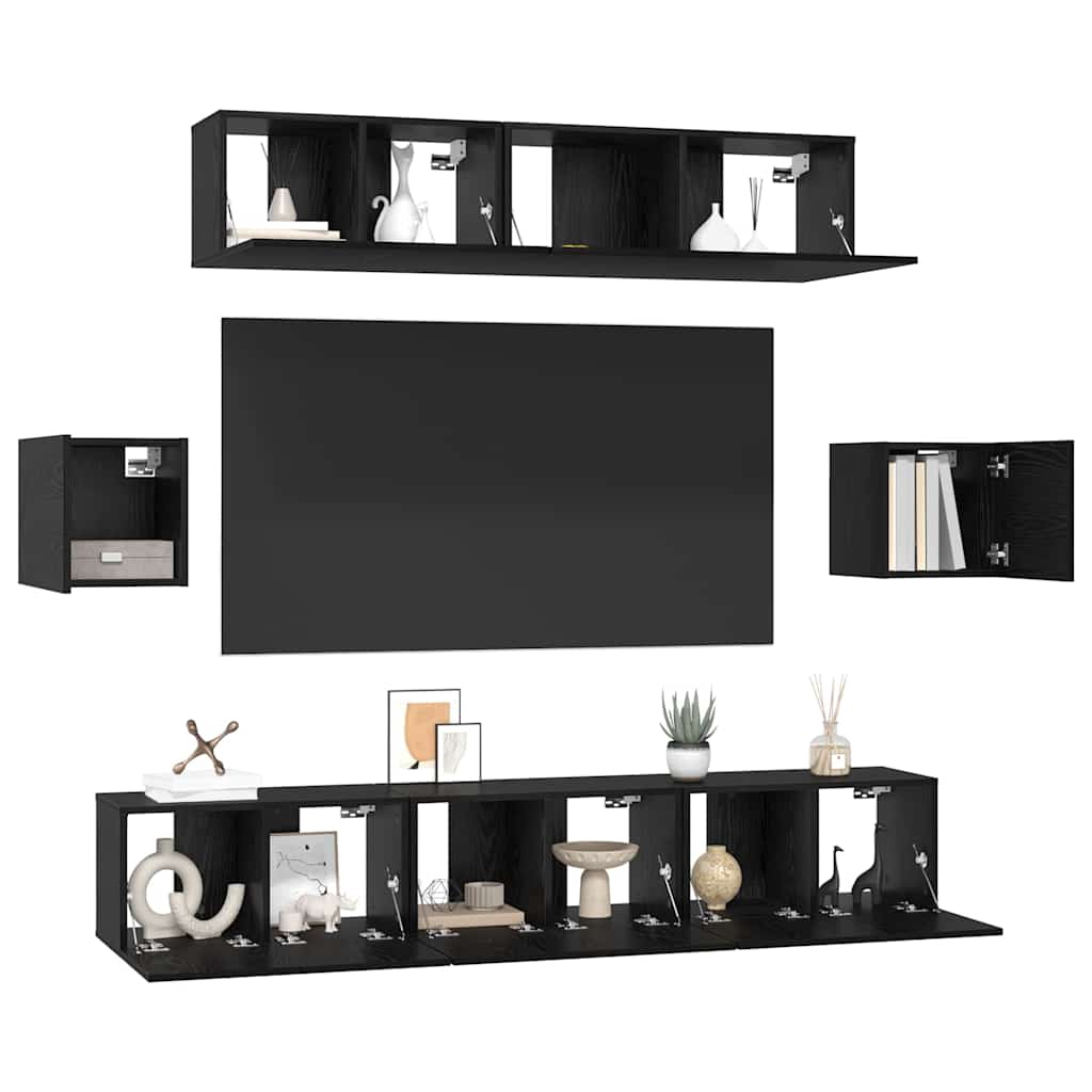 Tv-meubelset Wandgemonteerd 7 pcs Zwart Eiken Bewerkt hout is nu te koop bij PeponiXL, paradijselijk wonen!