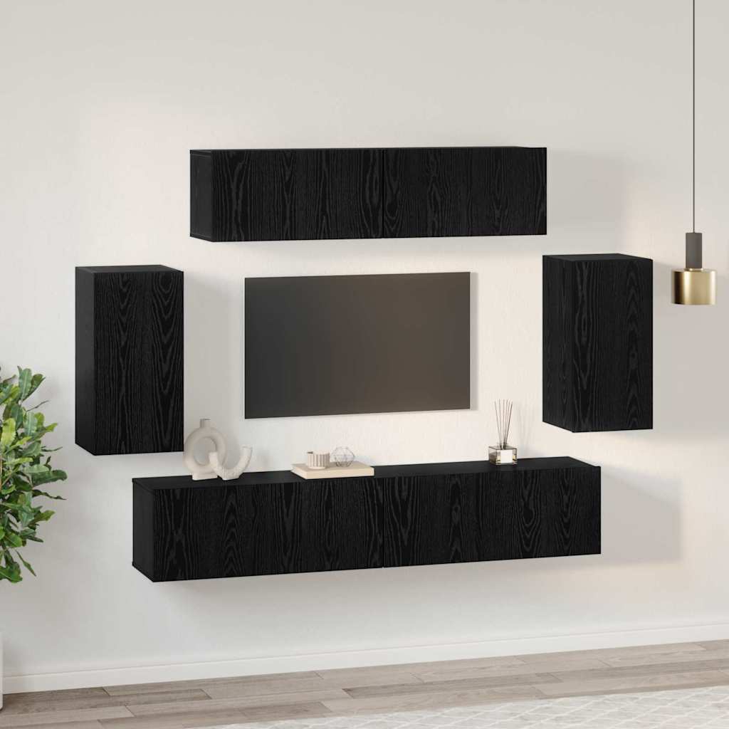 Tv-meubelset Wandgemonteerd 6 pcs Zwart Eiken Bewerkt hout is nu te koop bij PeponiXL, paradijselijk wonen!