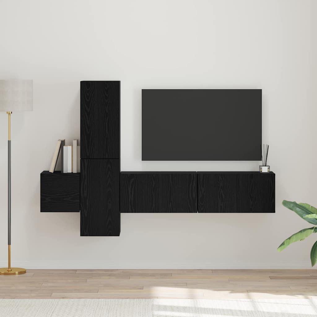 Tv-meubelset Wandgemonteerd 5 pcs Zwart Eiken Bewerkt hout is nu te koop bij PeponiXL, paradijselijk wonen!