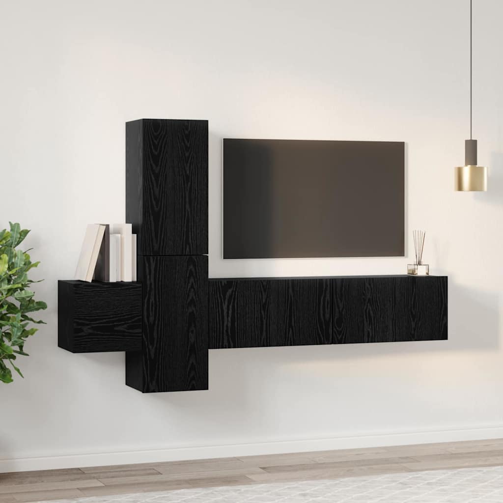 Tv-meubelset Wandgemonteerd 5 pcs Zwart Eiken Bewerkt hout is nu te koop bij PeponiXL, paradijselijk wonen!