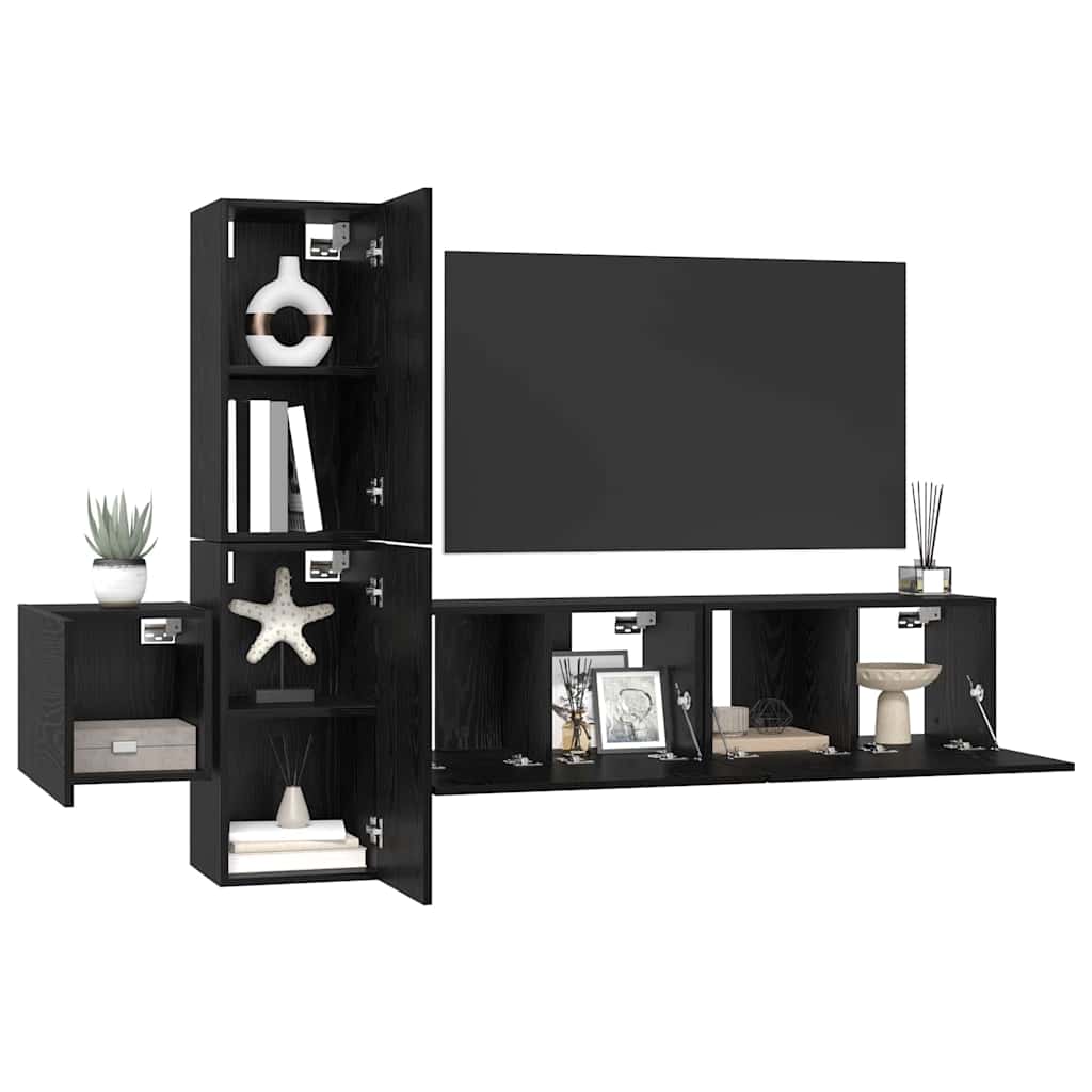 Tv-meubelset Wandgemonteerd 5 pcs Zwart Eiken Bewerkt hout is nu te koop bij PeponiXL, paradijselijk wonen!