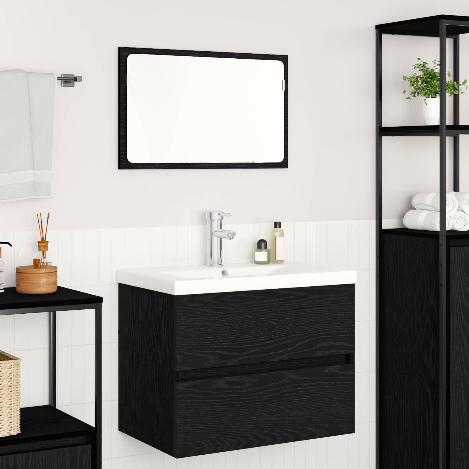 Badkamermeubelset met lade 3 pcs Zwart Eiken Bewerkt hout is nu te koop bij PeponiXL, paradijselijk wonen!