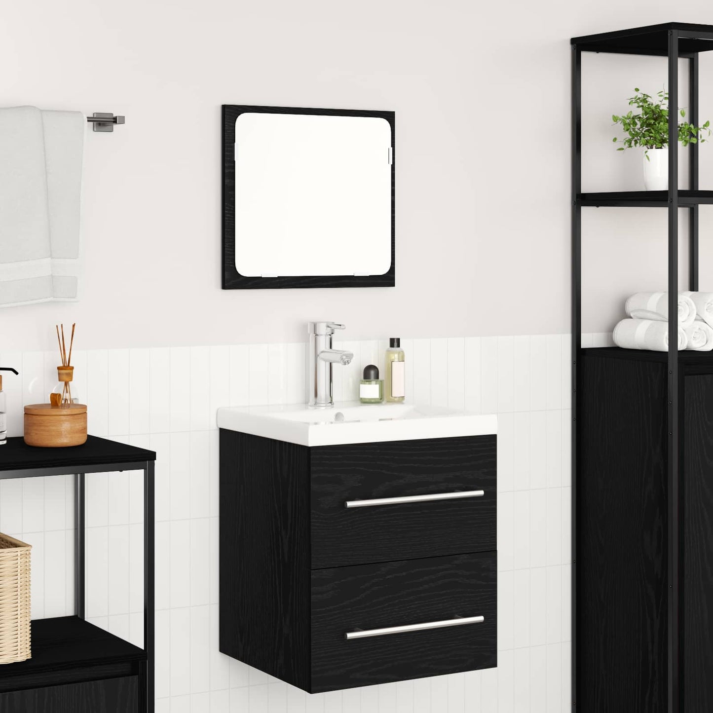 Badkamermeubelset met lade 2 pcs Zwart Eiken Bewerkt hout is nu te koop bij PeponiXL, paradijselijk wonen!
