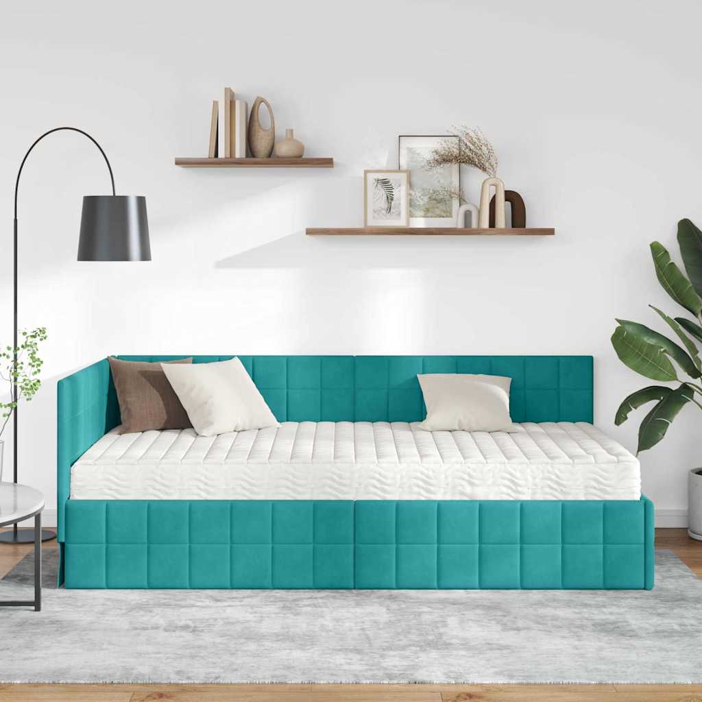 Hoekbedframe met Matras met hoofdeinde 2 pcs Turquoise Fluweel is nu te koop bij PeponiXL, paradijselijk wonen!
