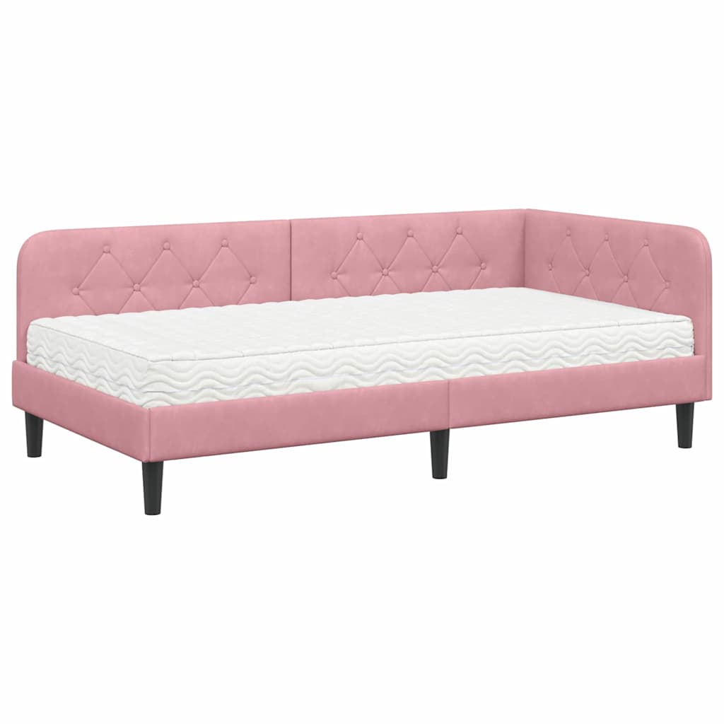 Hoekbedframe met matras met hoofdeinde Roze 90 x 190 cm Fluweel is nu te koop bij PeponiXL, paradijselijk wonen!