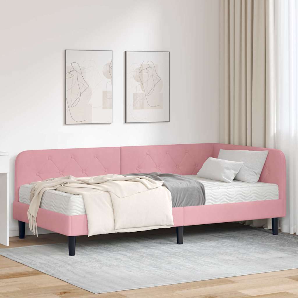 Hoekbedframe met matras met hoofdeinde Roze 90 x 200 cm Fluweel is nu te koop bij PeponiXL, paradijselijk wonen!