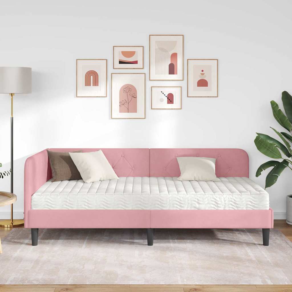Hoekbedframe met matras met hoofdeinde Roze 90 x 200 cm Fluweel is nu te koop bij PeponiXL, paradijselijk wonen!