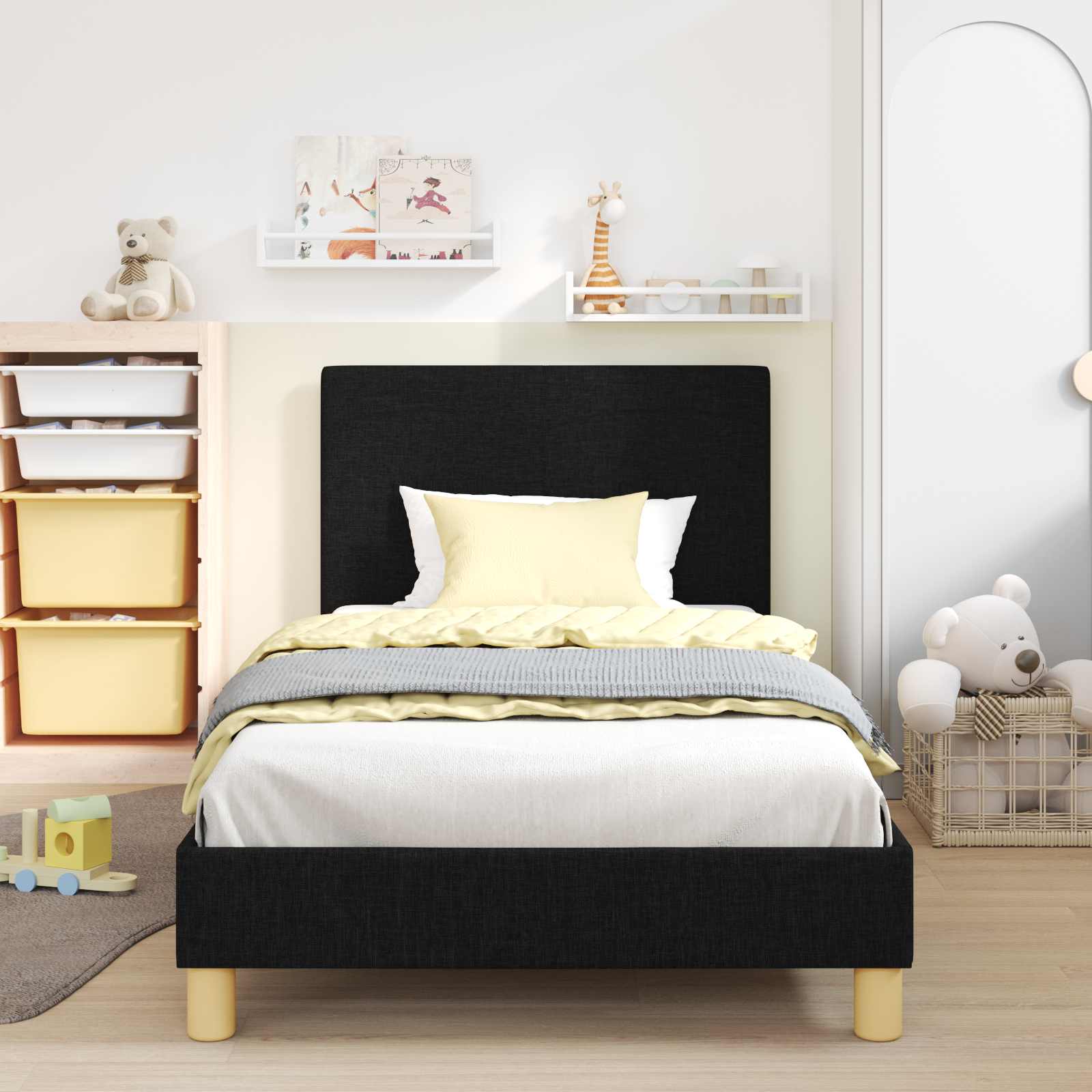 Bedframe voor kinderen met hoofdbord Zwart 90 x 190 cm Stof is nu te koop bij PeponiXL, paradijselijk wonen!