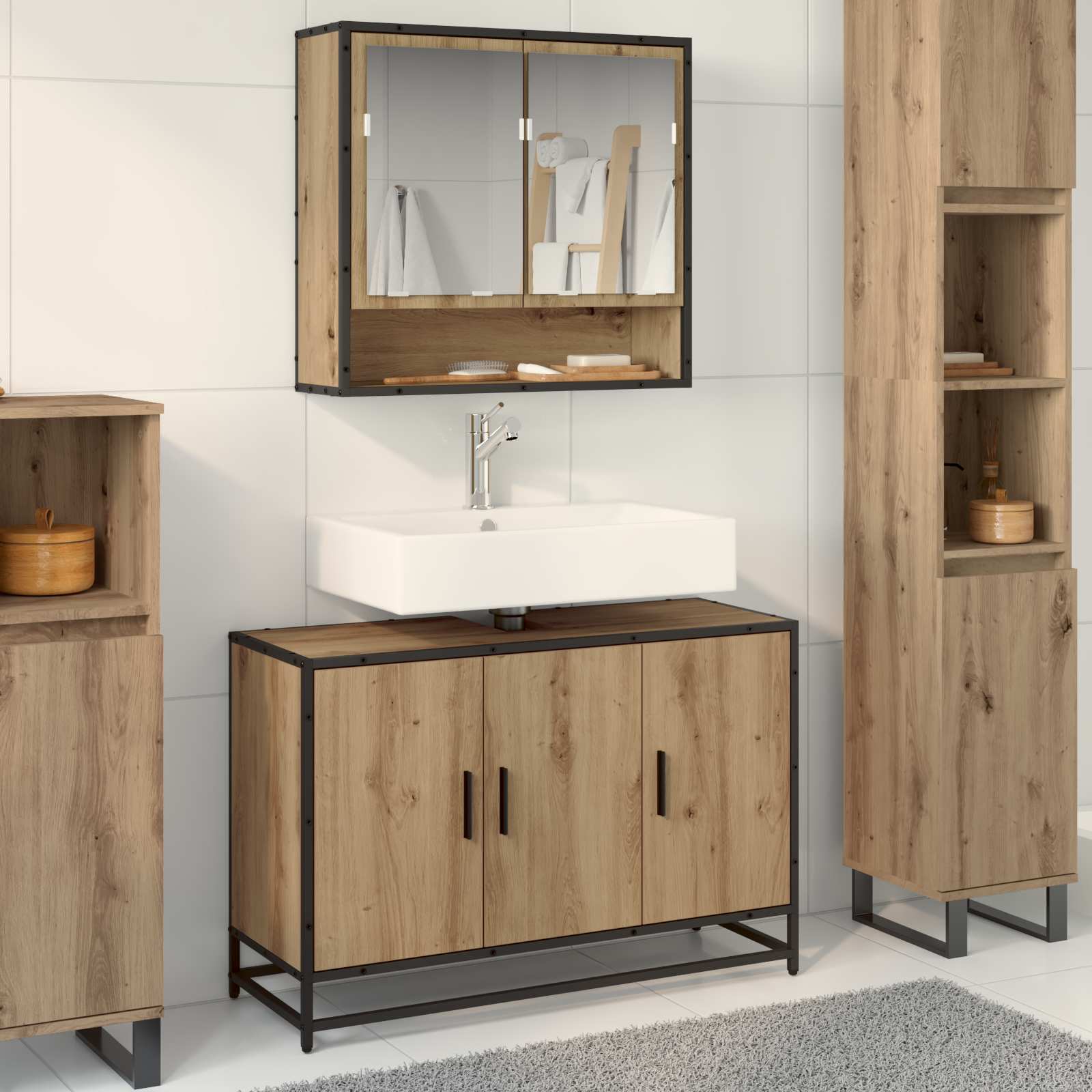 Badkamerkast Artisan Eiken 90 x 33 x 60 cm Bewerkt hout is nu te koop bij PeponiXL, paradijselijk wonen!