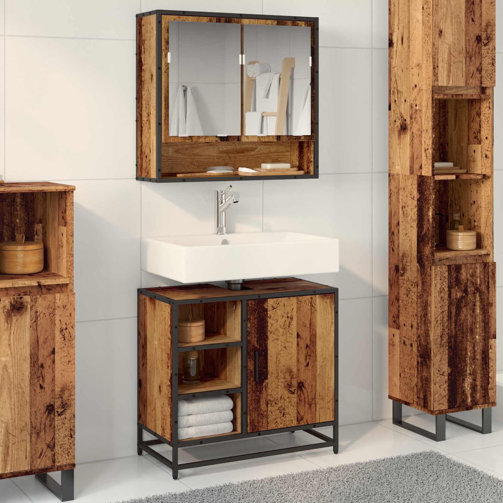 Badkamerkast met plank Oud Hout 65 x 33 x 60 cm Bewerkt hout is nu te koop bij PeponiXL, paradijselijk wonen!