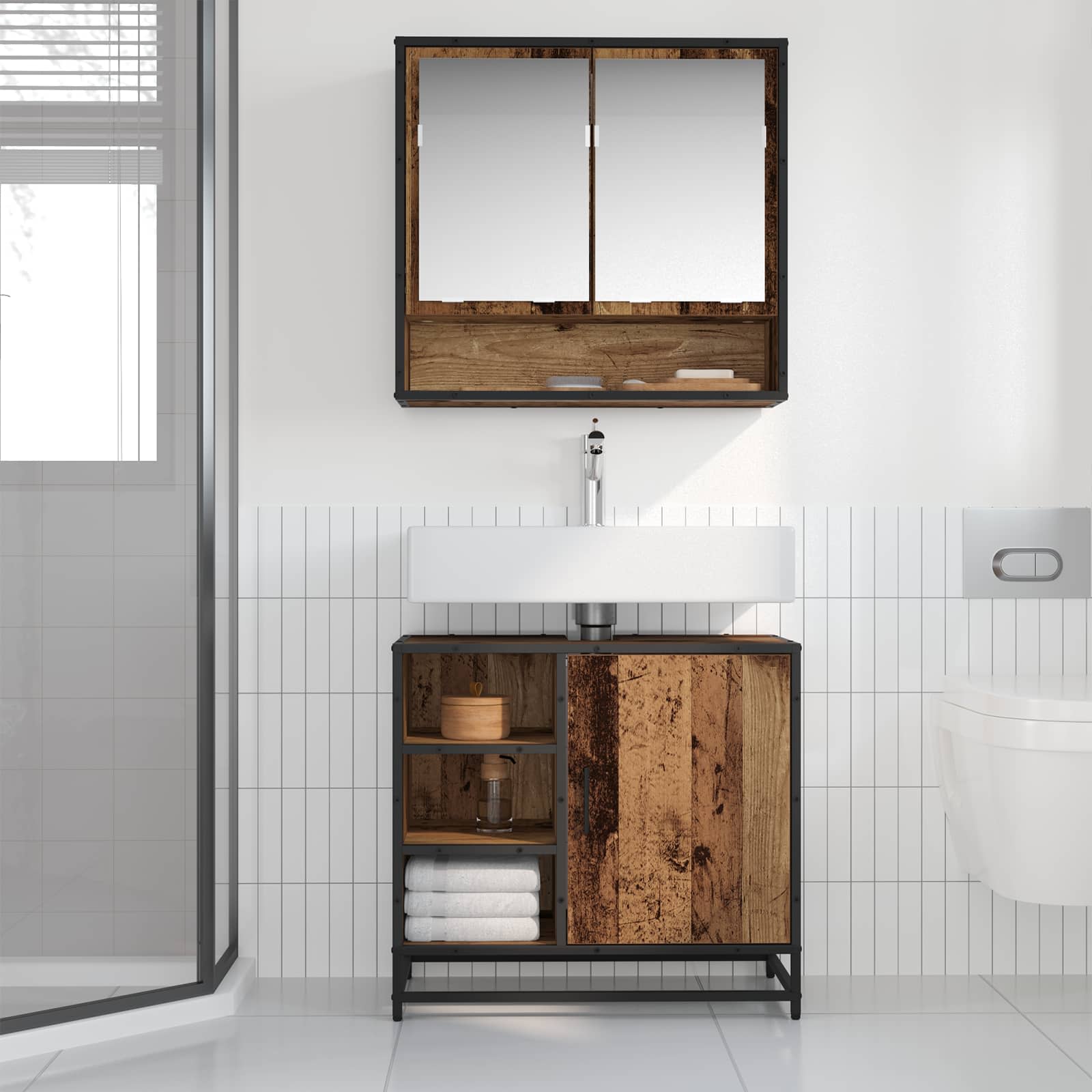 Badkamerkast met plank Oud Hout 65 x 33 x 60 cm Bewerkt hout is nu te koop bij PeponiXL, paradijselijk wonen!