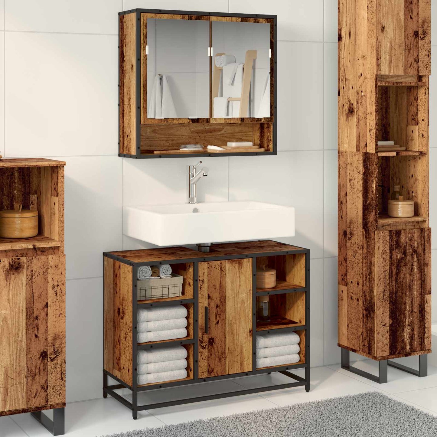 Badkamerkast met plank Oud Hout 80 x 33 x 60 cm Bewerkt hout is nu te koop bij PeponiXL, paradijselijk wonen!