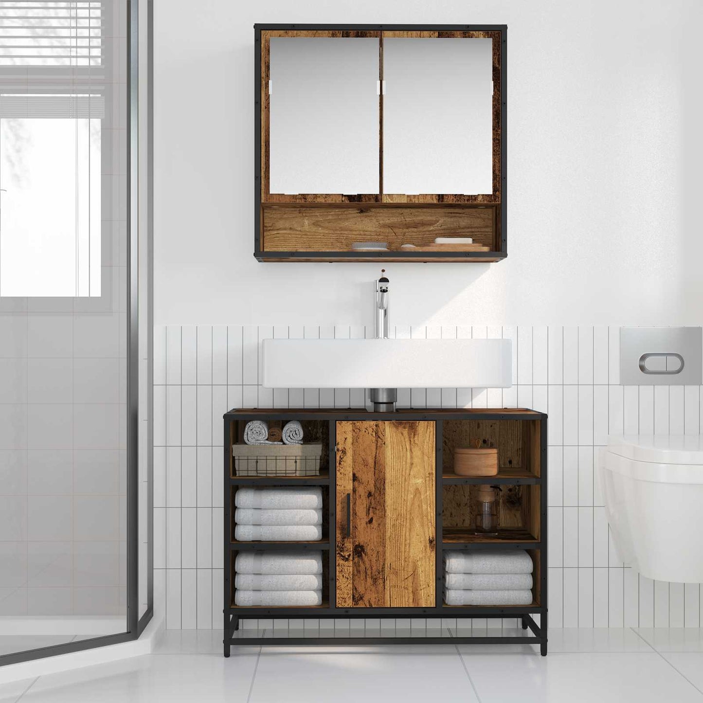 Badkamerkast met plank Oud Hout 80 x 33 x 60 cm Bewerkt hout is nu te koop bij PeponiXL, paradijselijk wonen!