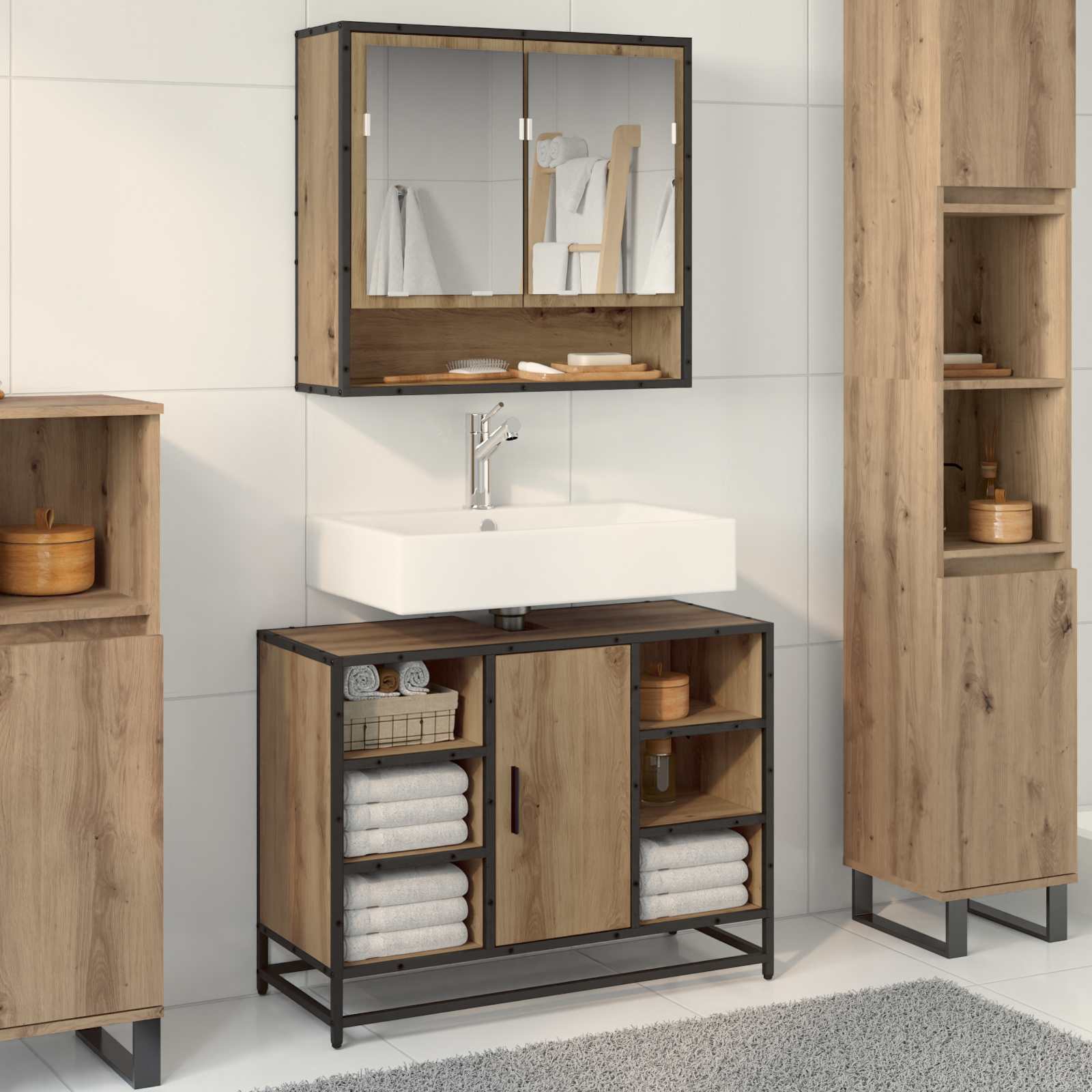 Badkamerkast Artisan Eiken 80 x 33 x 60 cm Bewerkt hout is nu te koop bij PeponiXL, paradijselijk wonen!