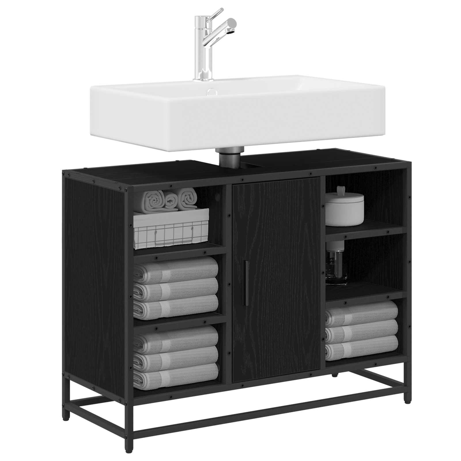 Badkamerkast met plank Zwart Eiken 80 x 33 x 60 cm Bewerkt hout is nu te koop bij PeponiXL, paradijselijk wonen!