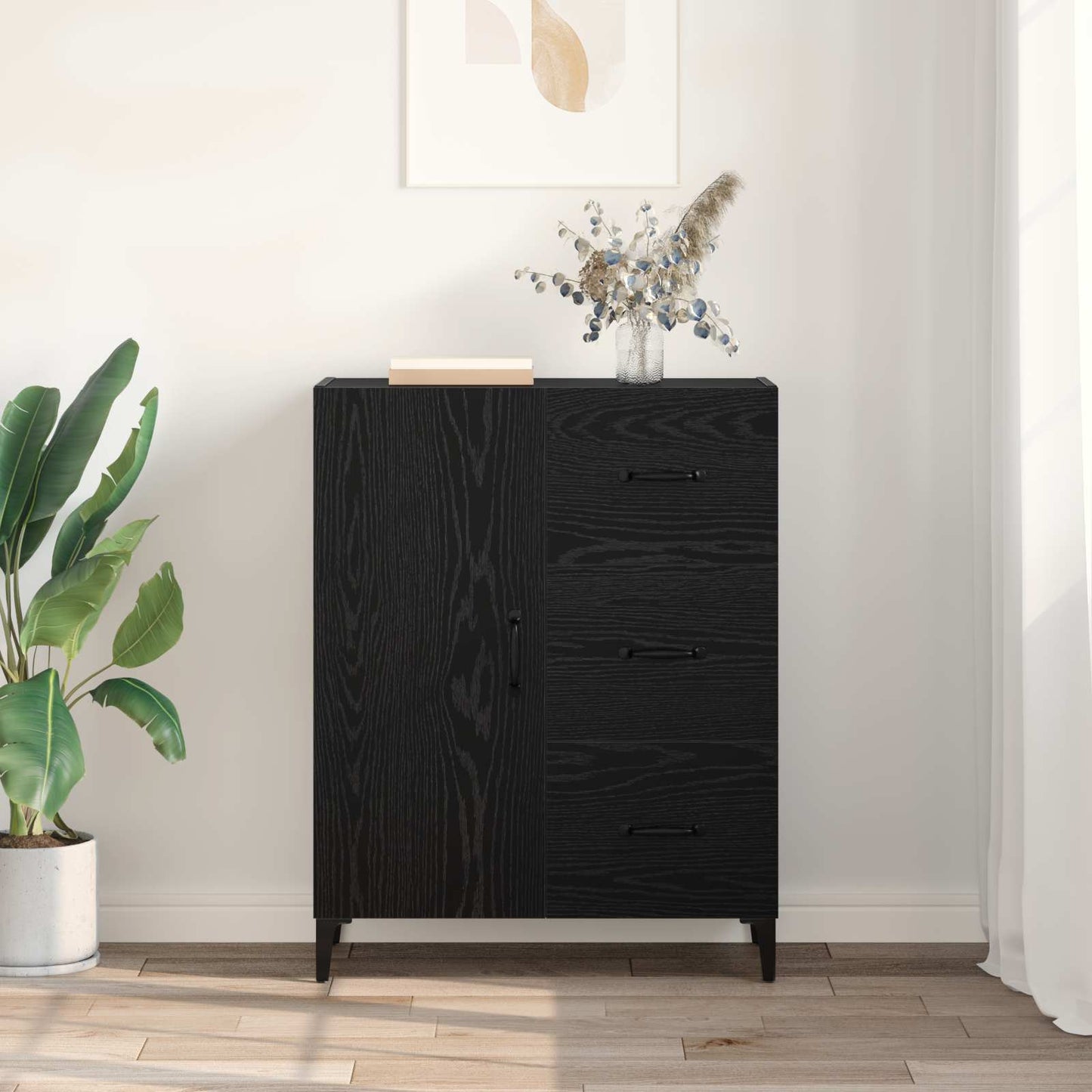 Dressoir met lade Zwart Eiken 69,5 x 34 x 90 cm Bewerkt hout is nu te koop bij PeponiXL, paradijselijk wonen!
