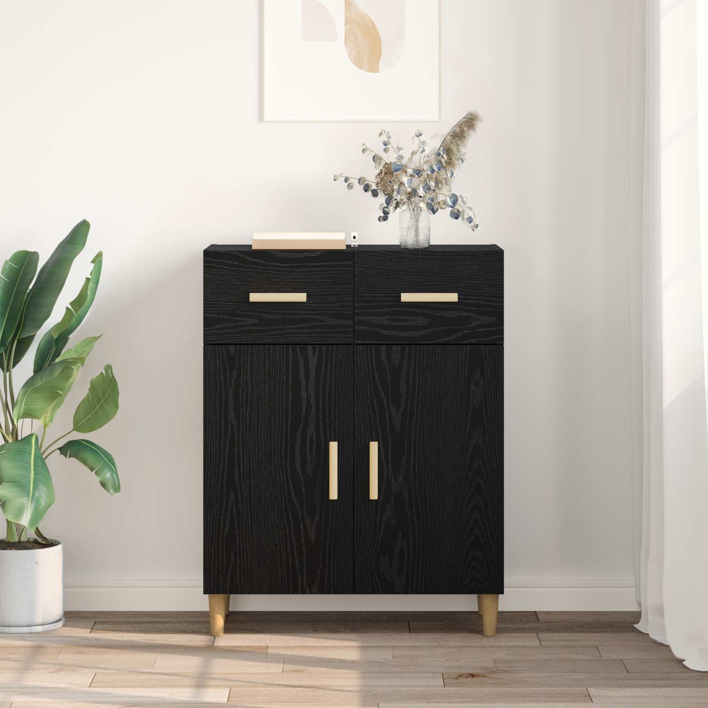Dressoir met lade Zwart eiken 34 x 69.5 x 89 cm Bewerkt hout is nu te koop bij PeponiXL, paradijselijk wonen!