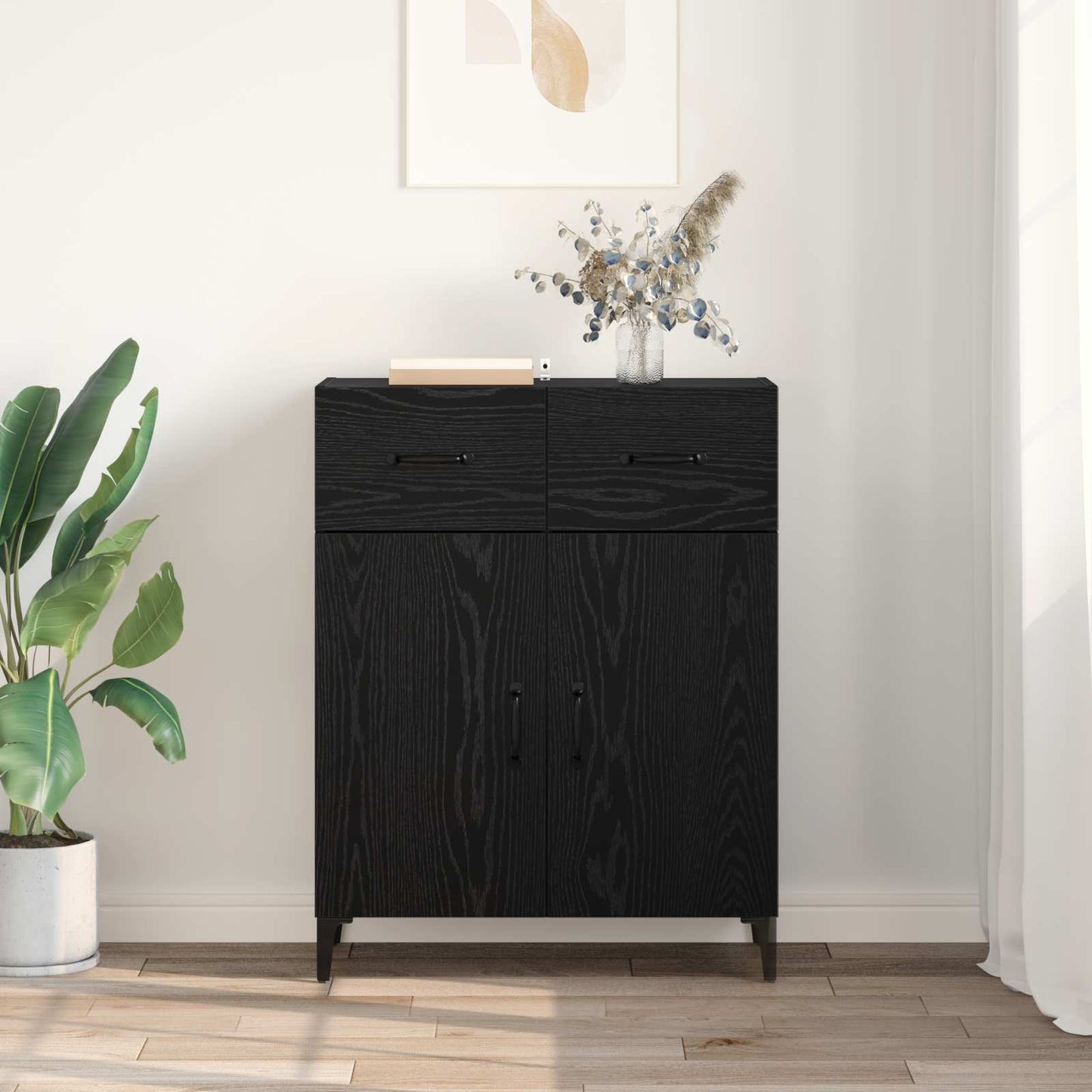 Dressoir met lade Zwart Eiken 69,5 x 34 x 90 cm Bewerkt hout is nu te koop bij PeponiXL, paradijselijk wonen!