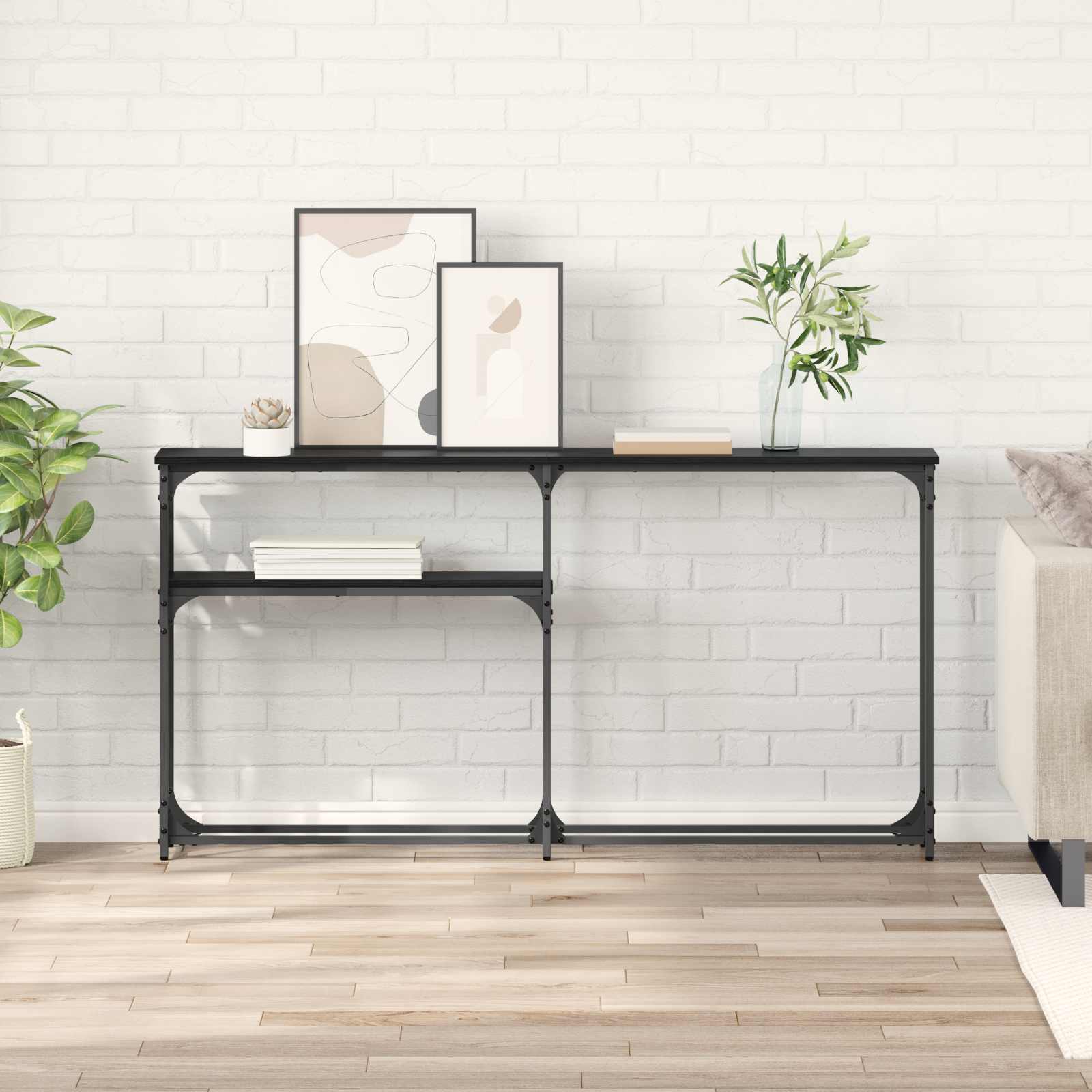 Consoletafel Zwart Eiken 146 x 22,5 x 75 cm Bewerkt hout is nu te koop bij PeponiXL, paradijselijk wonen!