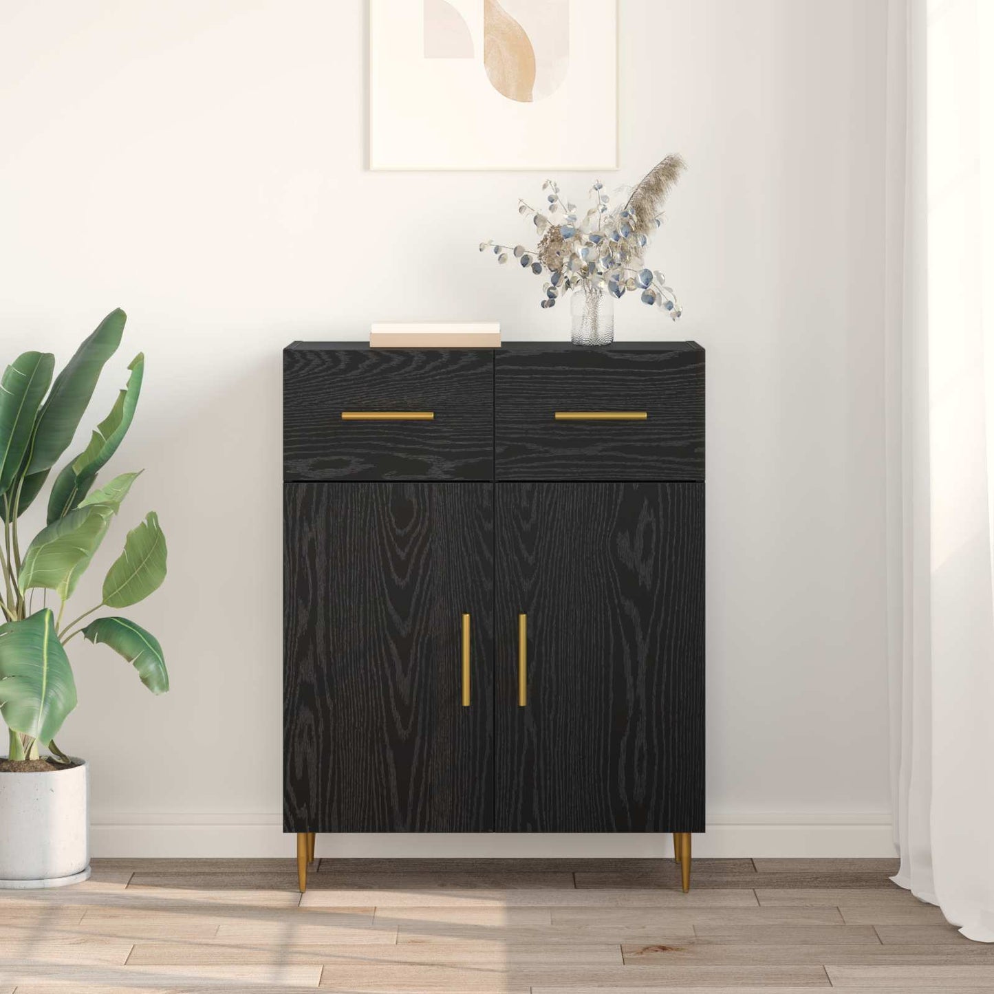 Dressoir met lade Zwart Eiken 69,5 x 34 x 90 cm Bewerkt hout is nu te koop bij PeponiXL, paradijselijk wonen!