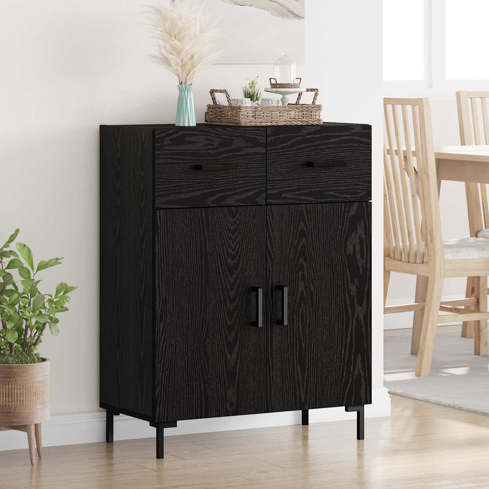 Dressoir met lade Zwart Eiken 69,5 x 34 x 90 cm Bewerkt hout is nu te koop bij PeponiXL, paradijselijk wonen!
