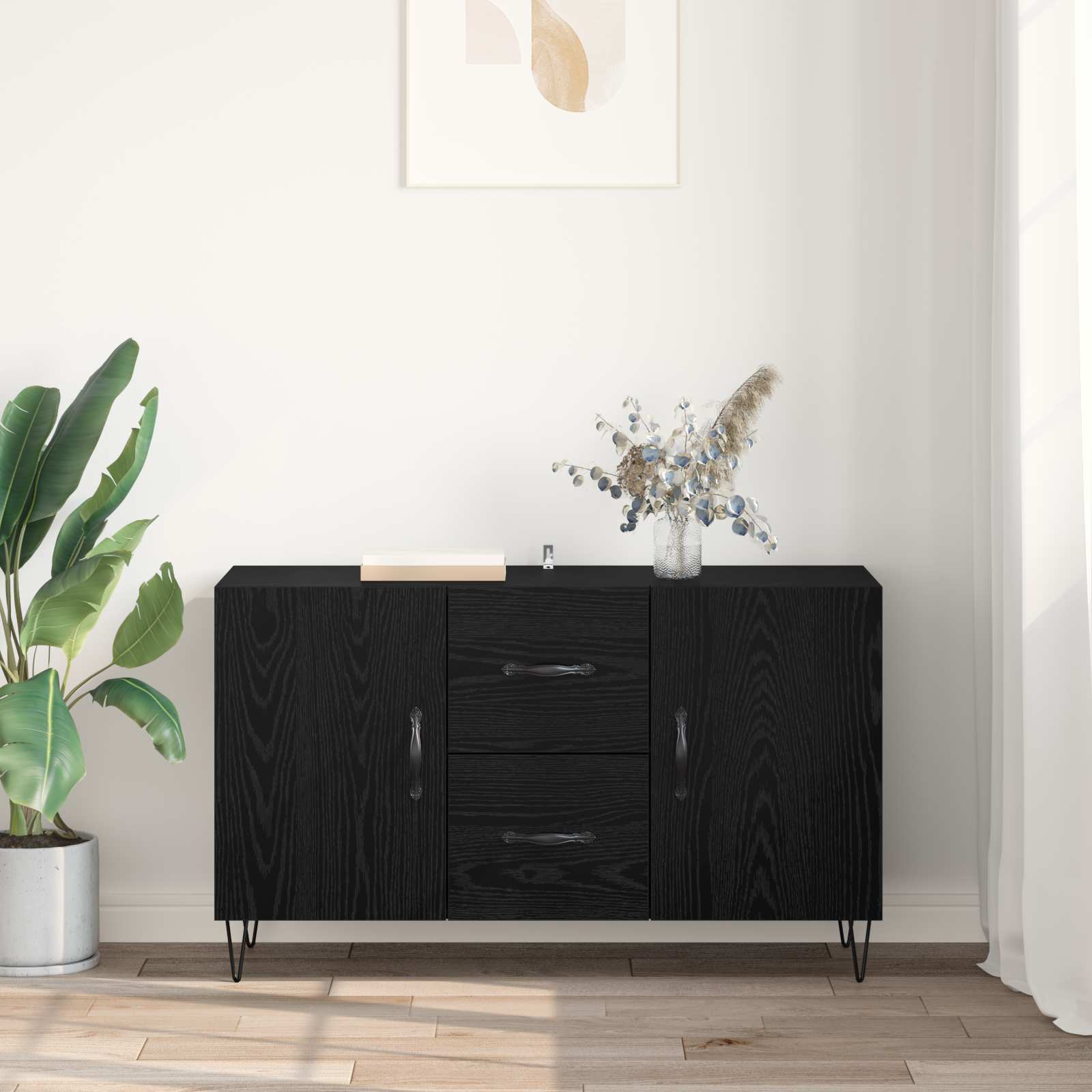 Dressoir met lade Zwart Eiken 100 x 36 x 60 cm Bewerkt hout is nu te koop bij PeponiXL, paradijselijk wonen!
